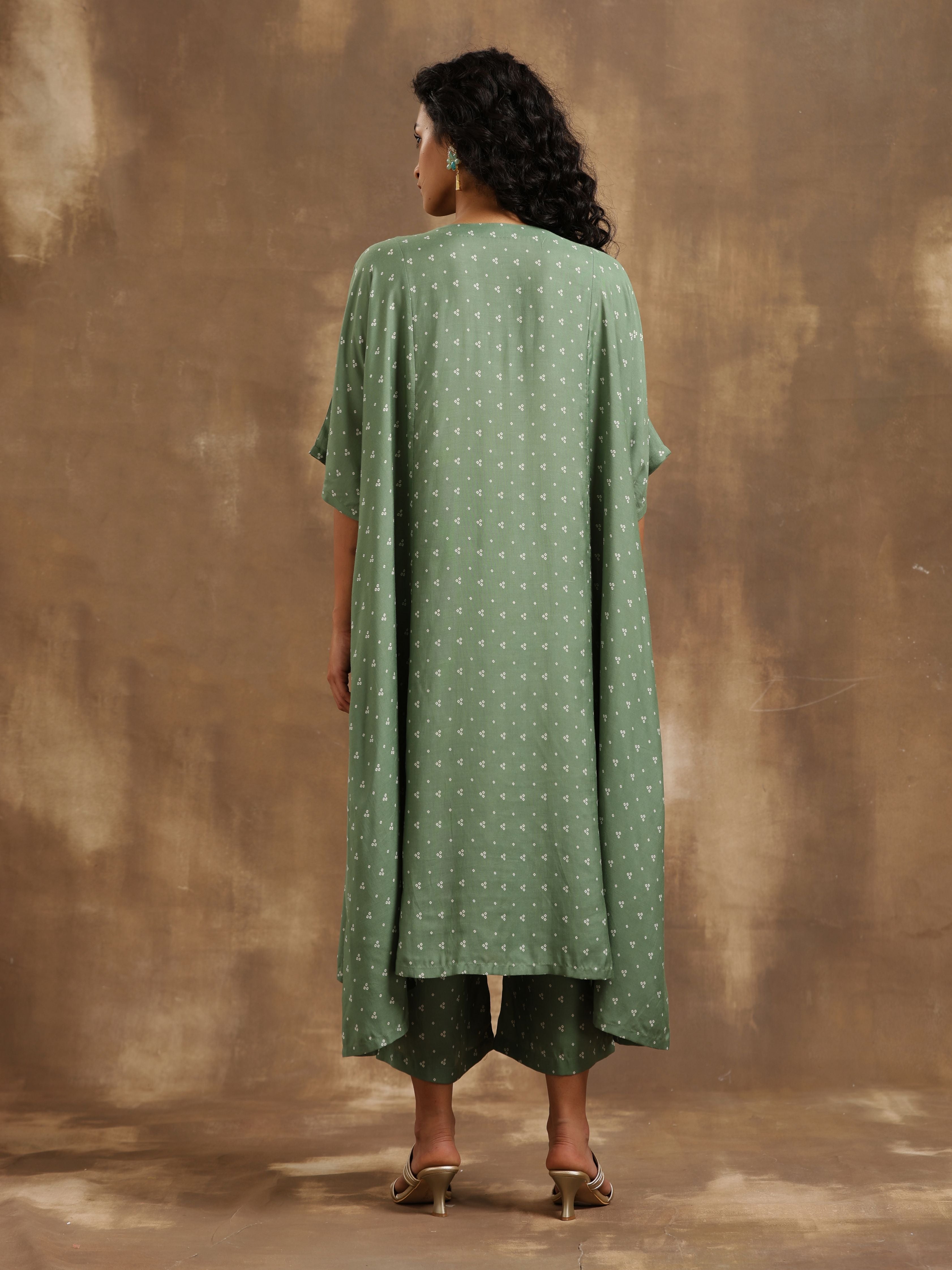 trueBrowns Light Green Bandhani Printed Silk Oversized Kurta Pant Set