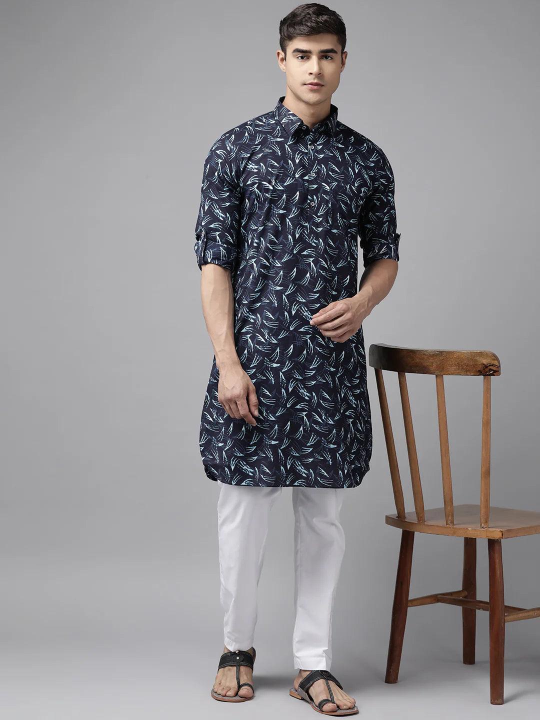 Fabmade Pure Cotton Pathani Kurta Print With Pyjama
