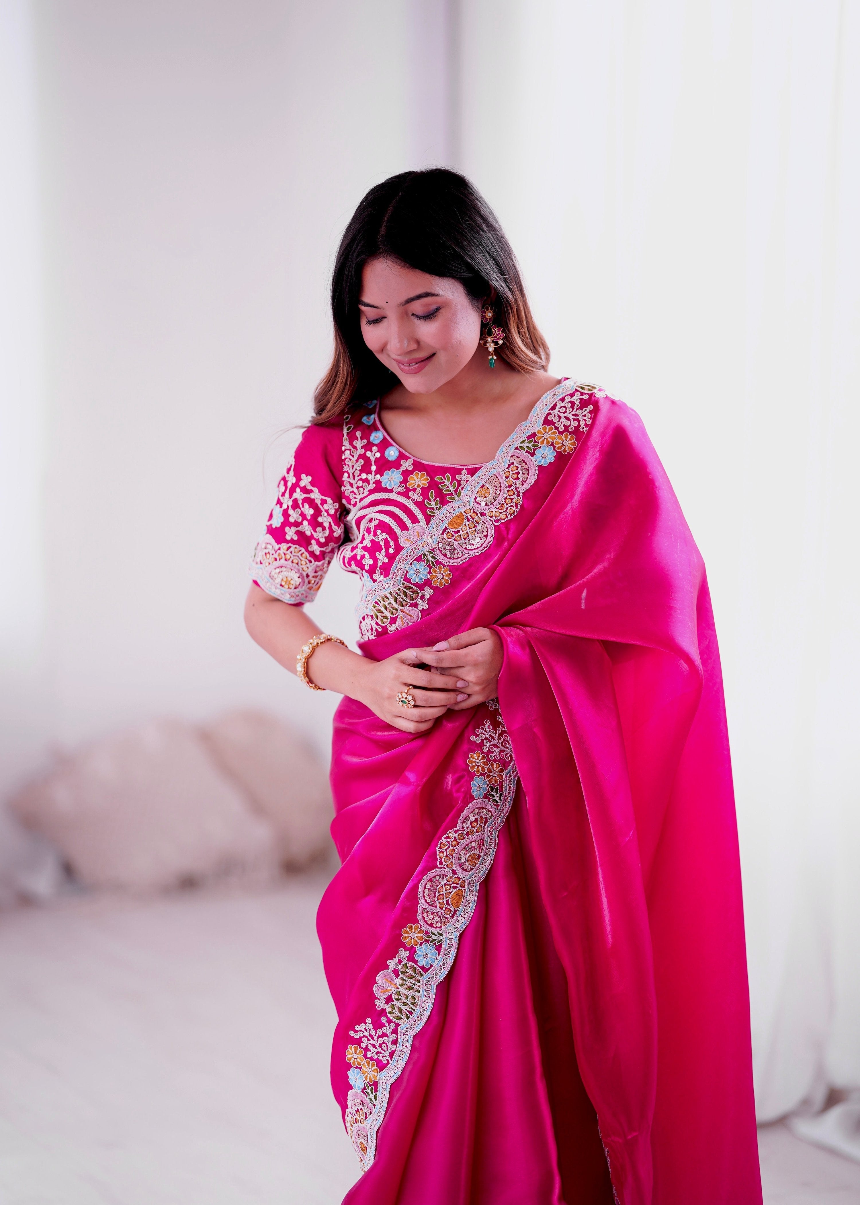 Lorenvalley Fashion Magenta Jimmy Choo with Embroidery Threads Codding & Sequins Work Saree with Blouse