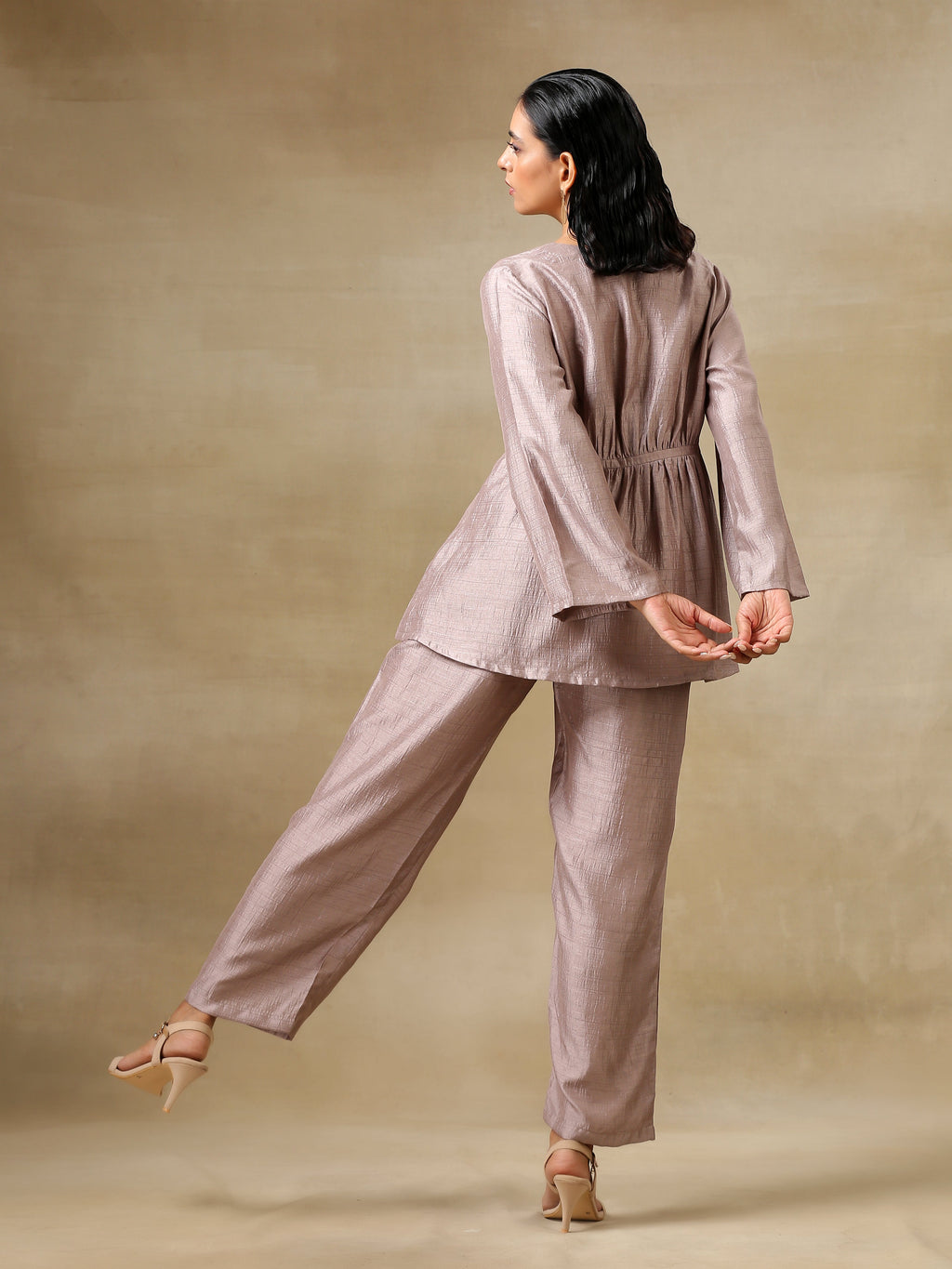 trueBrowns Grey Textured Silk Deep V-Neck Co-Ord Set