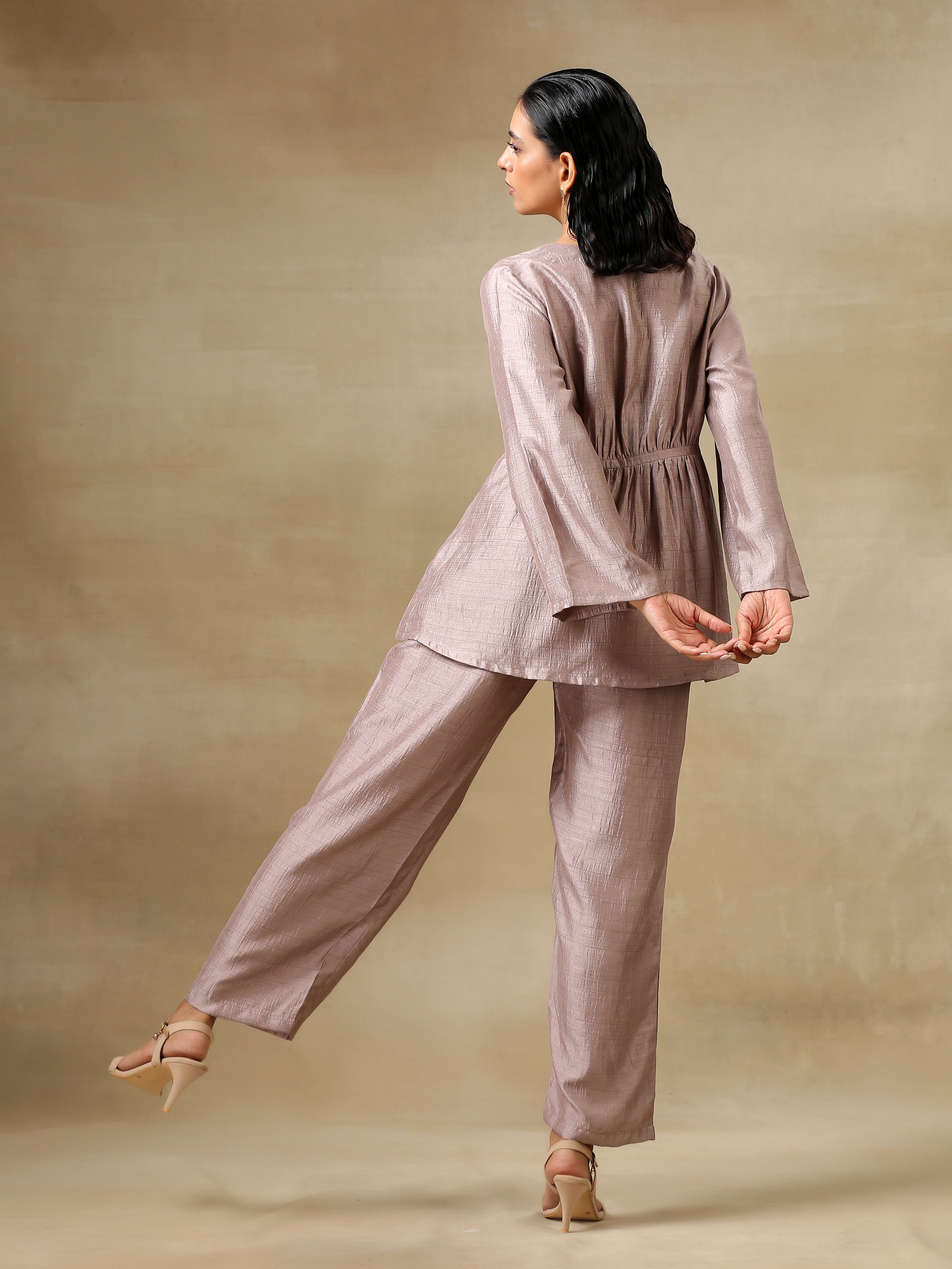 trueBrowns Grey Textured Silk Deep V-Neck Co-Ord Set