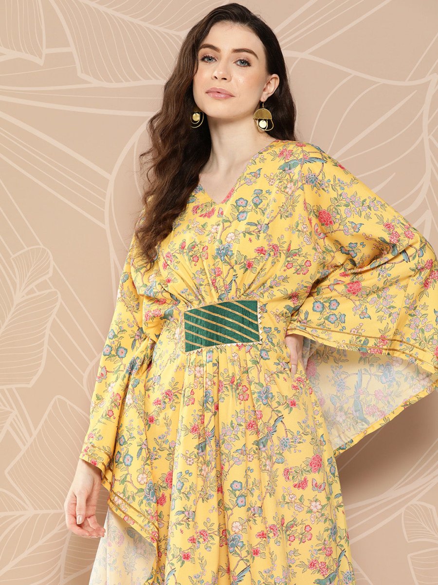 Ahalyaa Women Floral Printed Flared Sleeves Gotta Patti Floral Crepe Kaftan Kurta