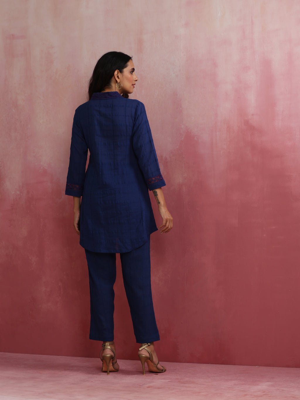 trueBrowns Dark Blue Cotton Dobby Kurta Co-ord set