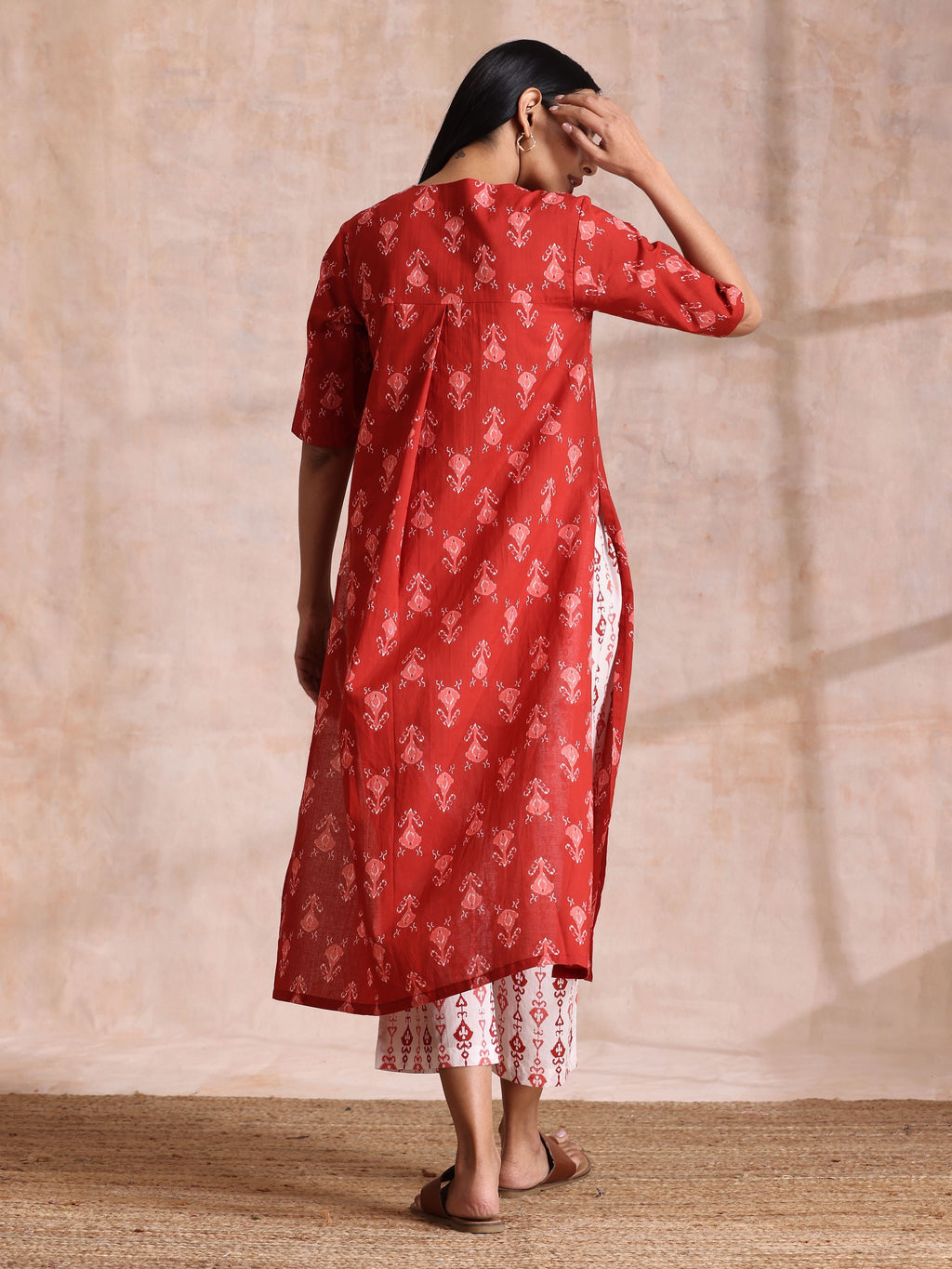 trueBrowns Red On Red Ikat Print Cotton Kurta Pant Set