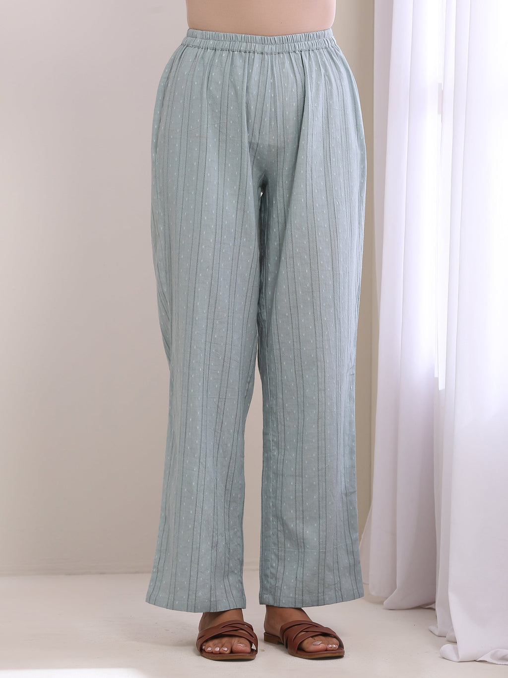trueBrowns Eggshell Blue Dobby Neck Pleat Kurta Pant Set