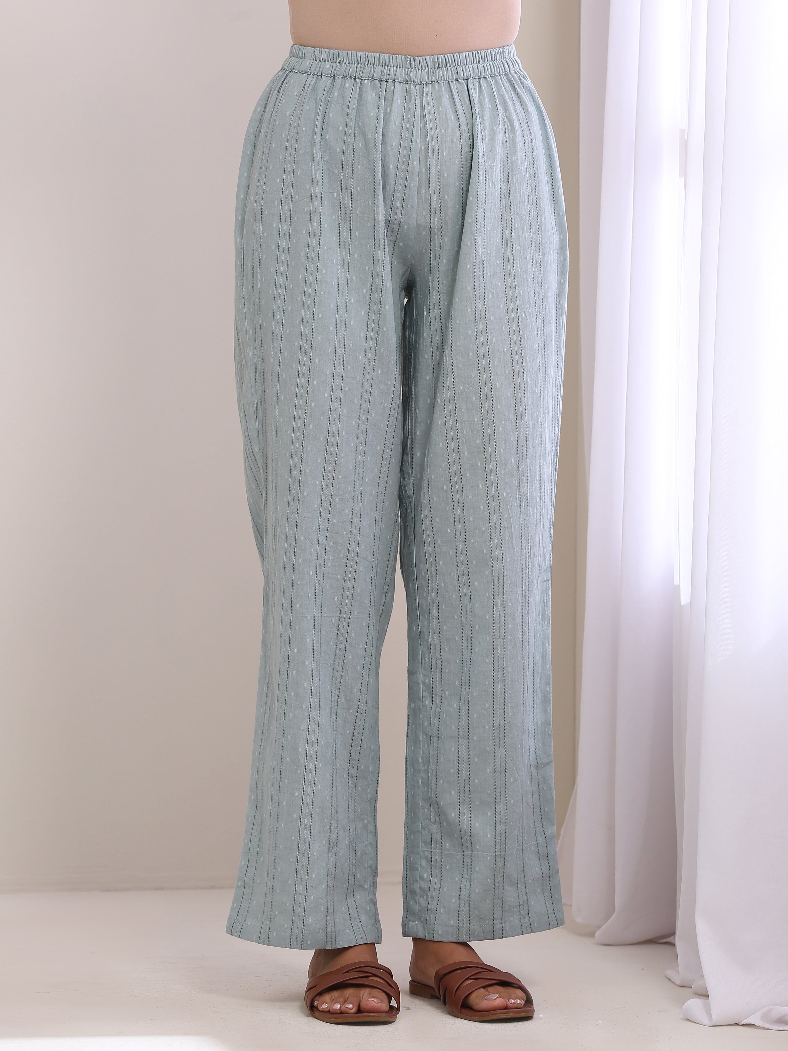 trueBrowns Eggshell Blue Dobby Neck Pleat Kurta Pant Set
