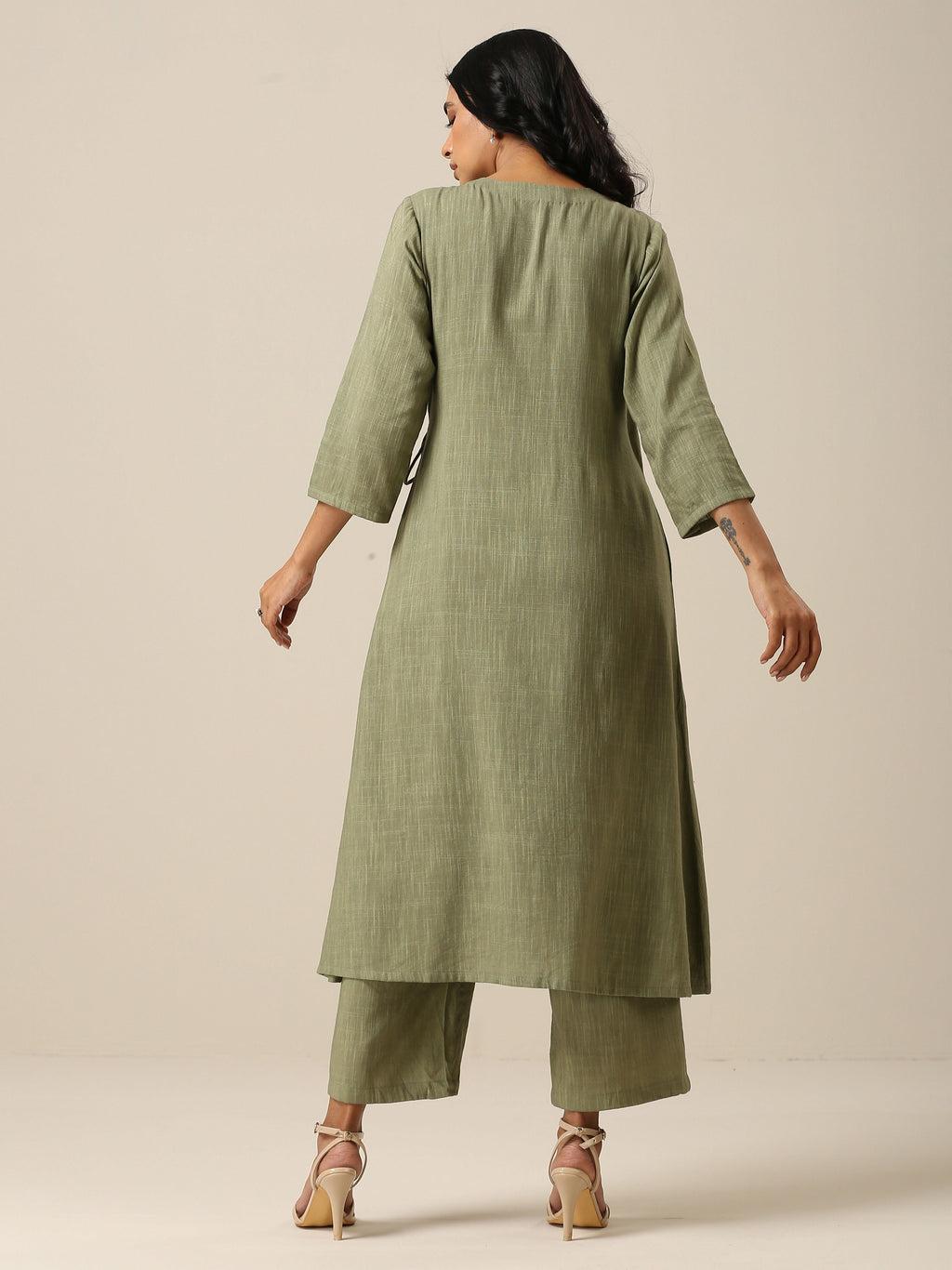 trueBrowns Sage Slub Texture Angrakha Pant Set | Relove