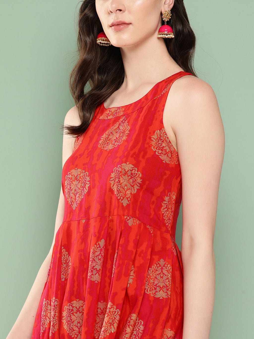 InWeave Women's Rust Mughal Print Raisa Back Detial Long Coords Set