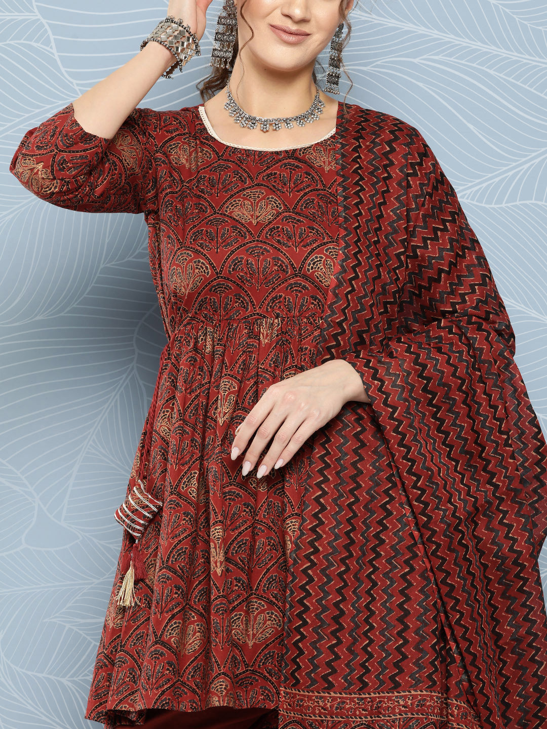 InWeave Women's Brick Rust Ajrakh Sharara Set With Dupatta