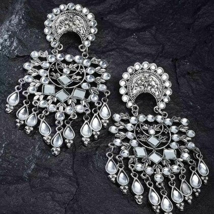 Tehzeeb Creations Women's Silver Colour Oxidised Earrings With Kundan
