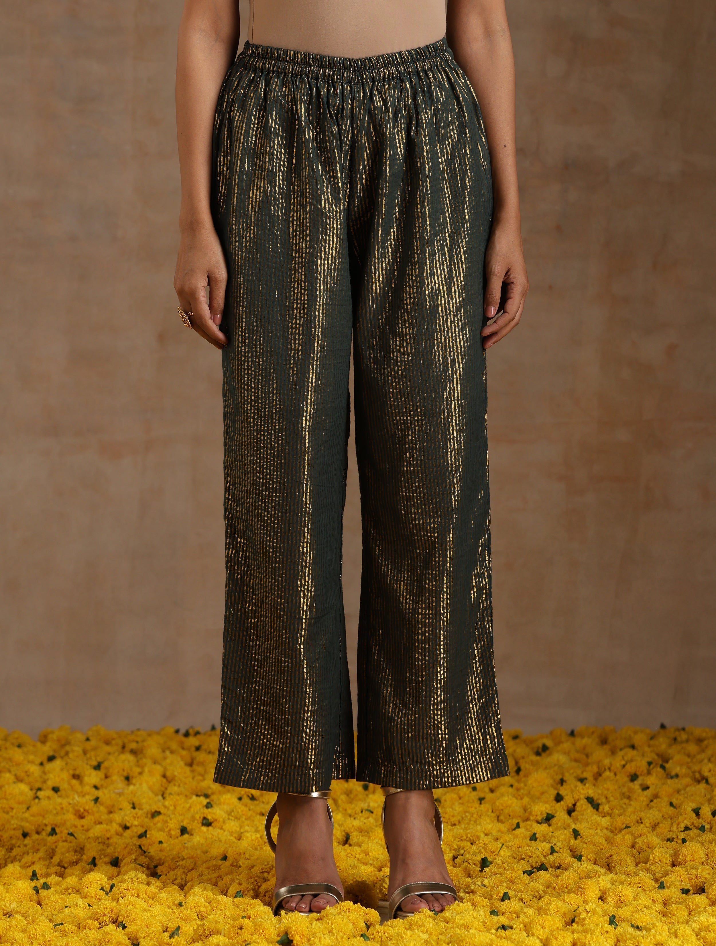 trueBrowns Dark Green Gold Cotton Side Gather Co-Ord Set