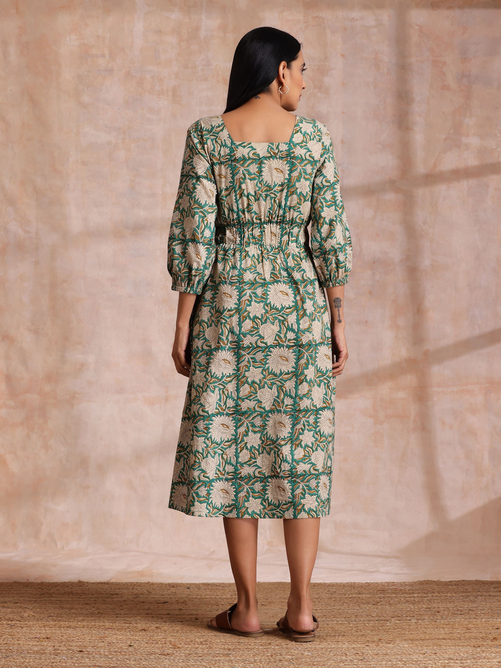 trueBrowns Fern Green Overall Floral Block Print Cotton Square Neck Dress