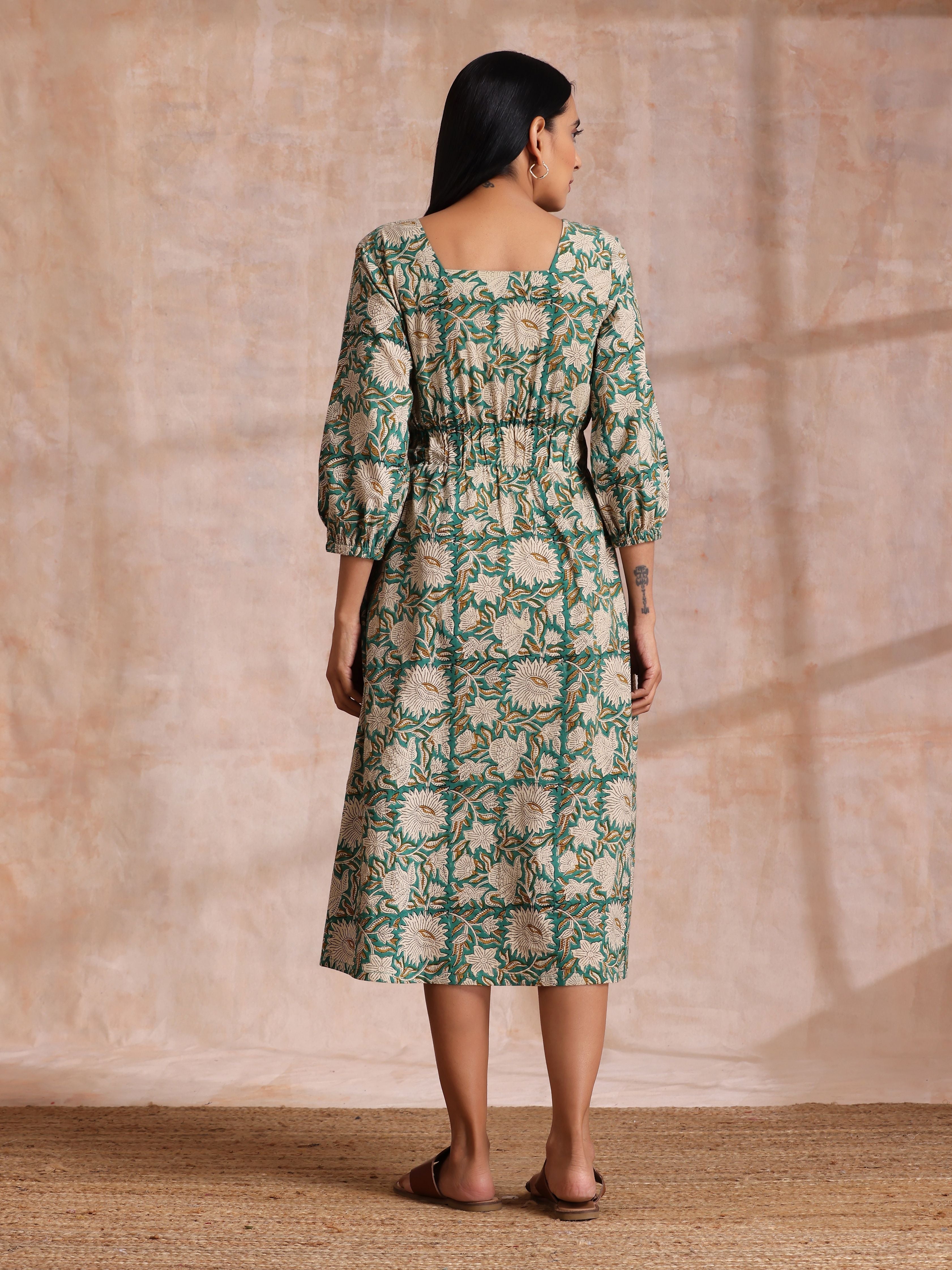trueBrowns Fern Green Overall Floral Block Print Cotton Square Neck Dress