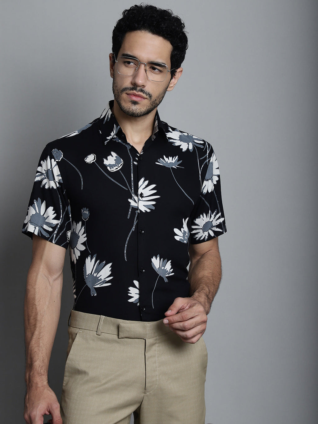 Jainish Men's Floral Printed Formal Shirts - Black