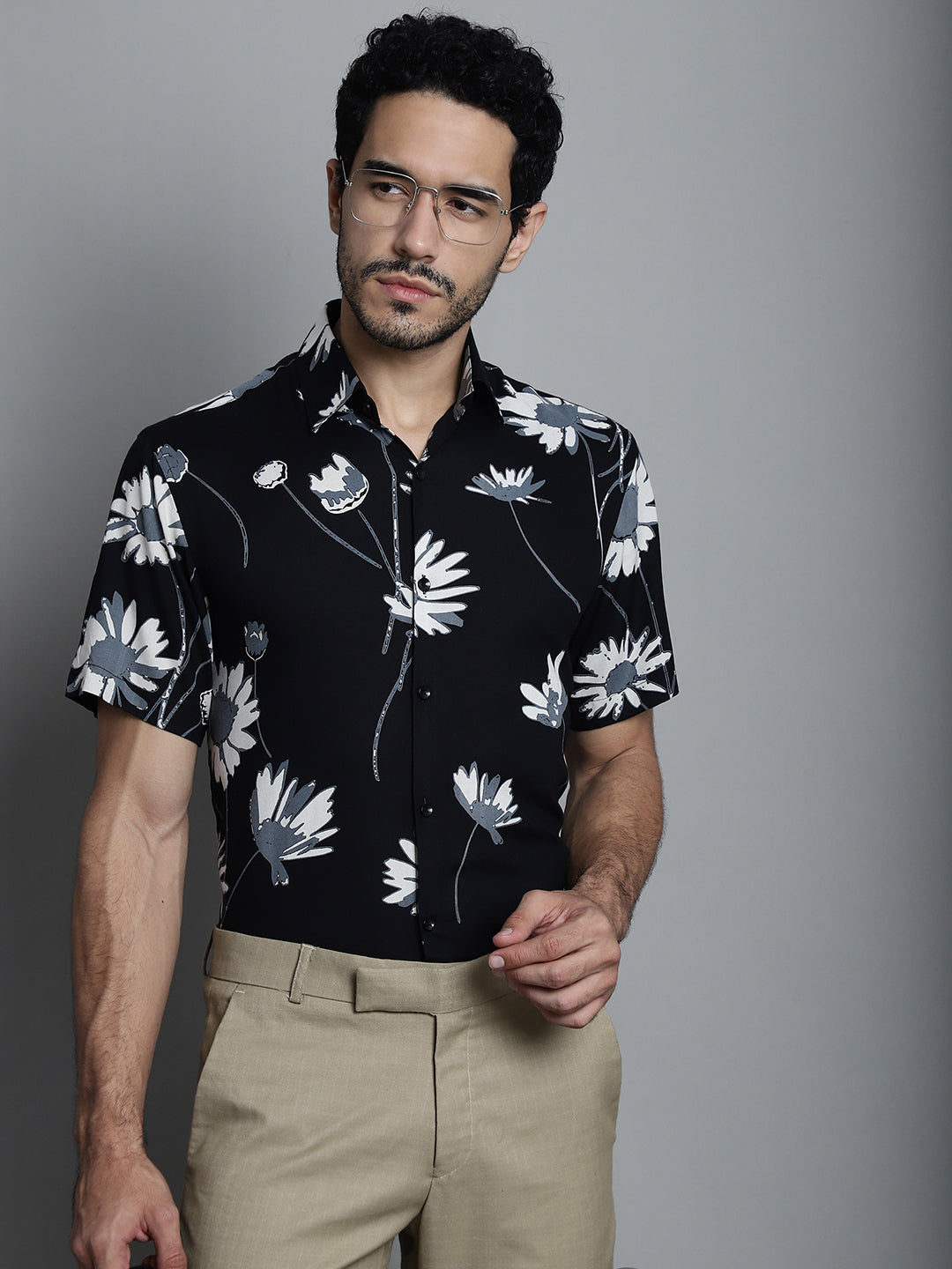 Jainish Men's Floral Printed Formal Shirts - Black