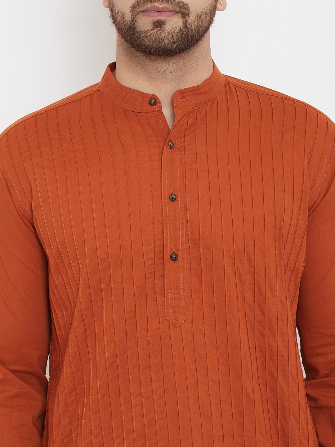 Even Apparels Rust Pure Cotton Kurta With Band Collar