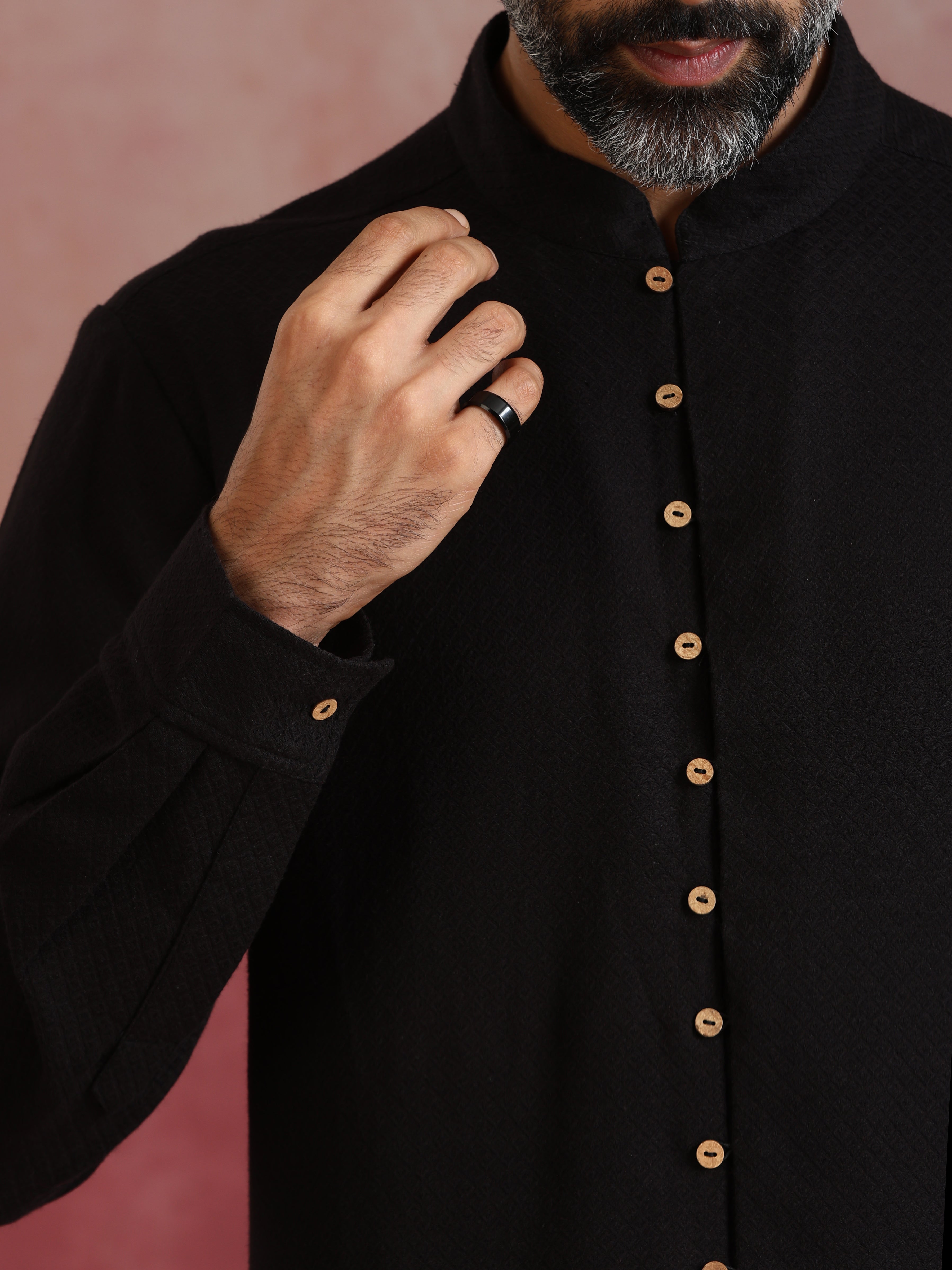 trueBrowns Men's Black Cotton Dobby Kurta Co-ord Set