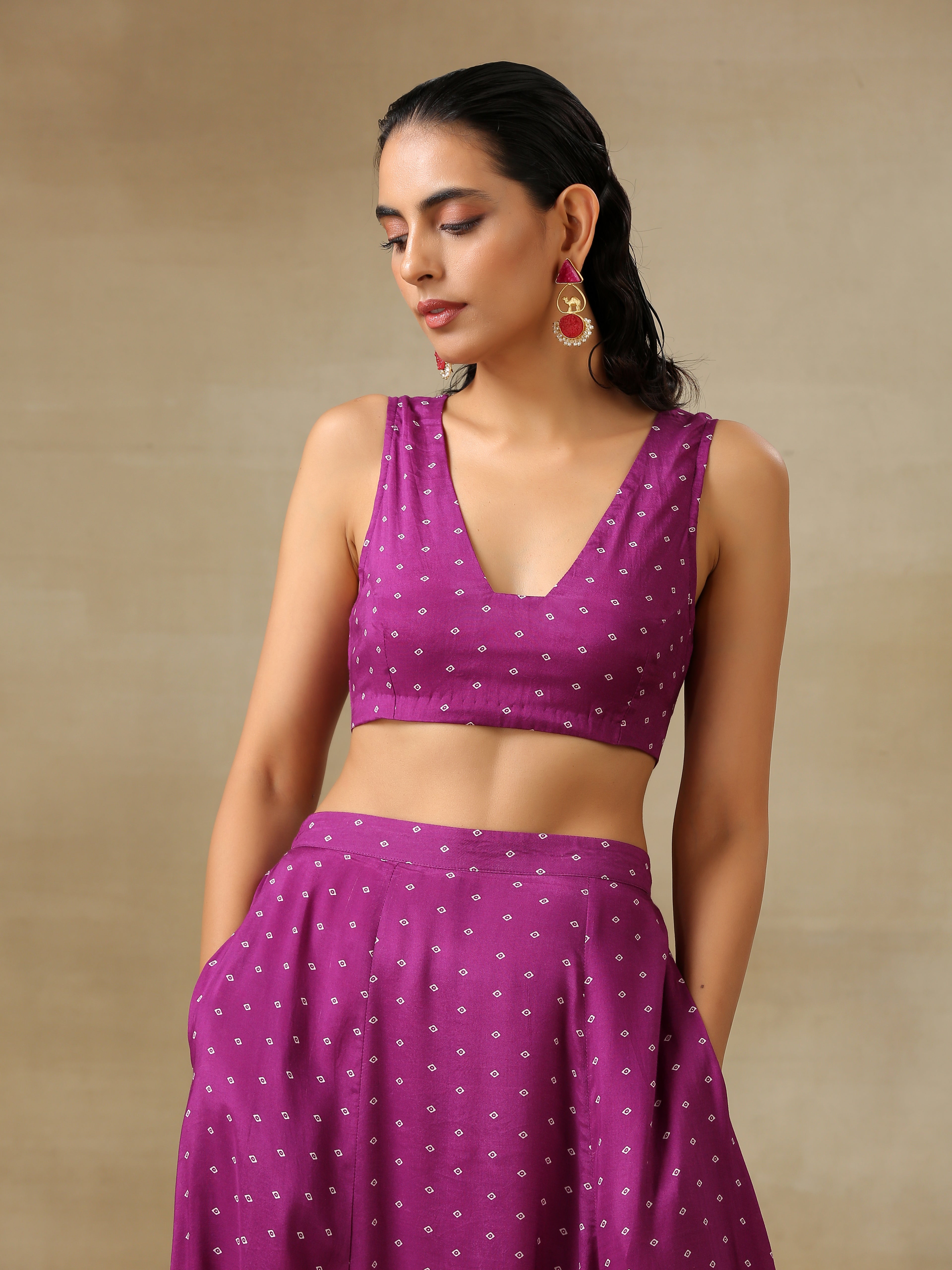 trueBrowns Purple Bandhani Printed Silk Top Skirt Jacket Set