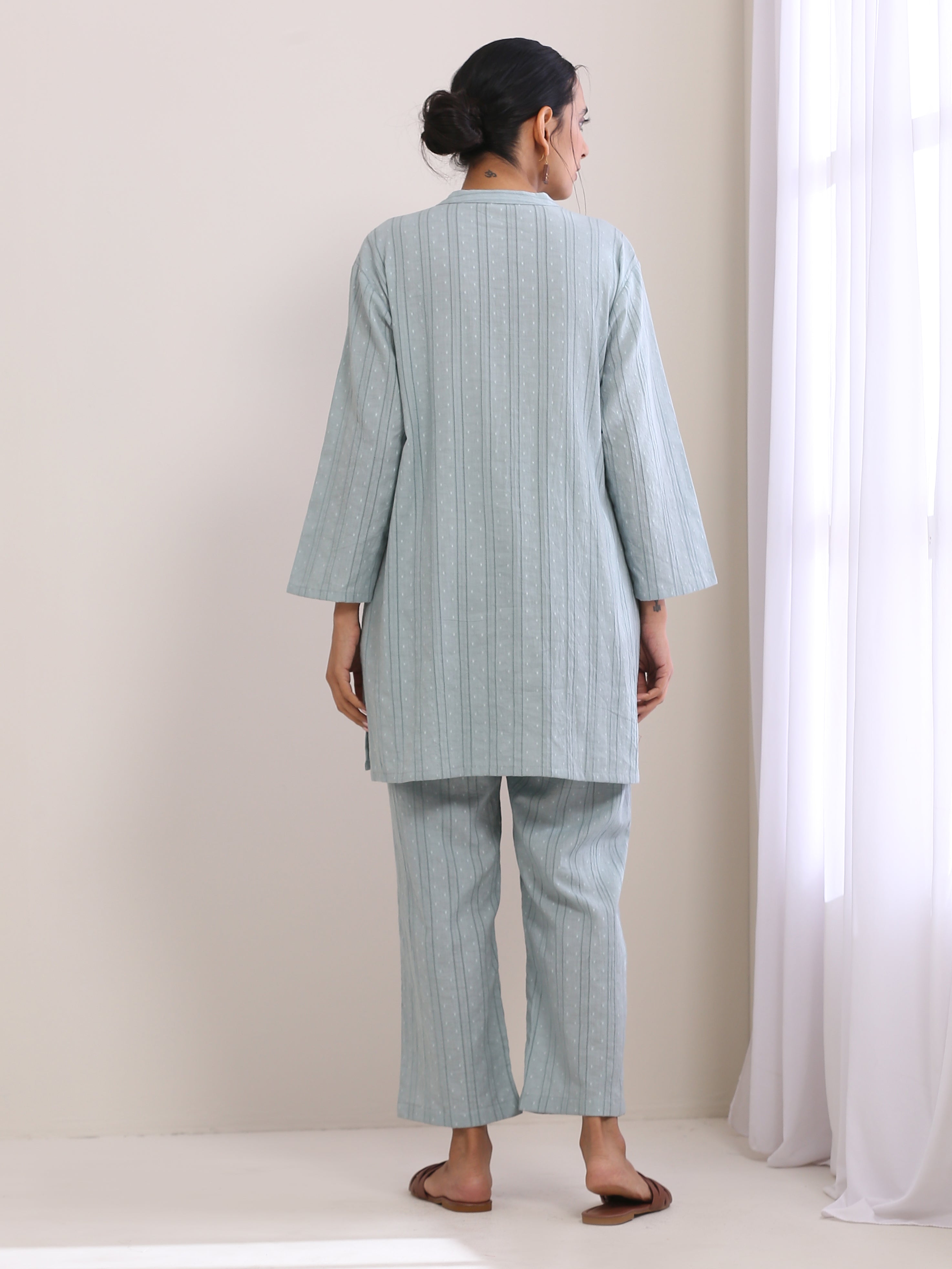 trueBrowns Eggshell Blue Dobby Relaxed Fit Co-Ord Set