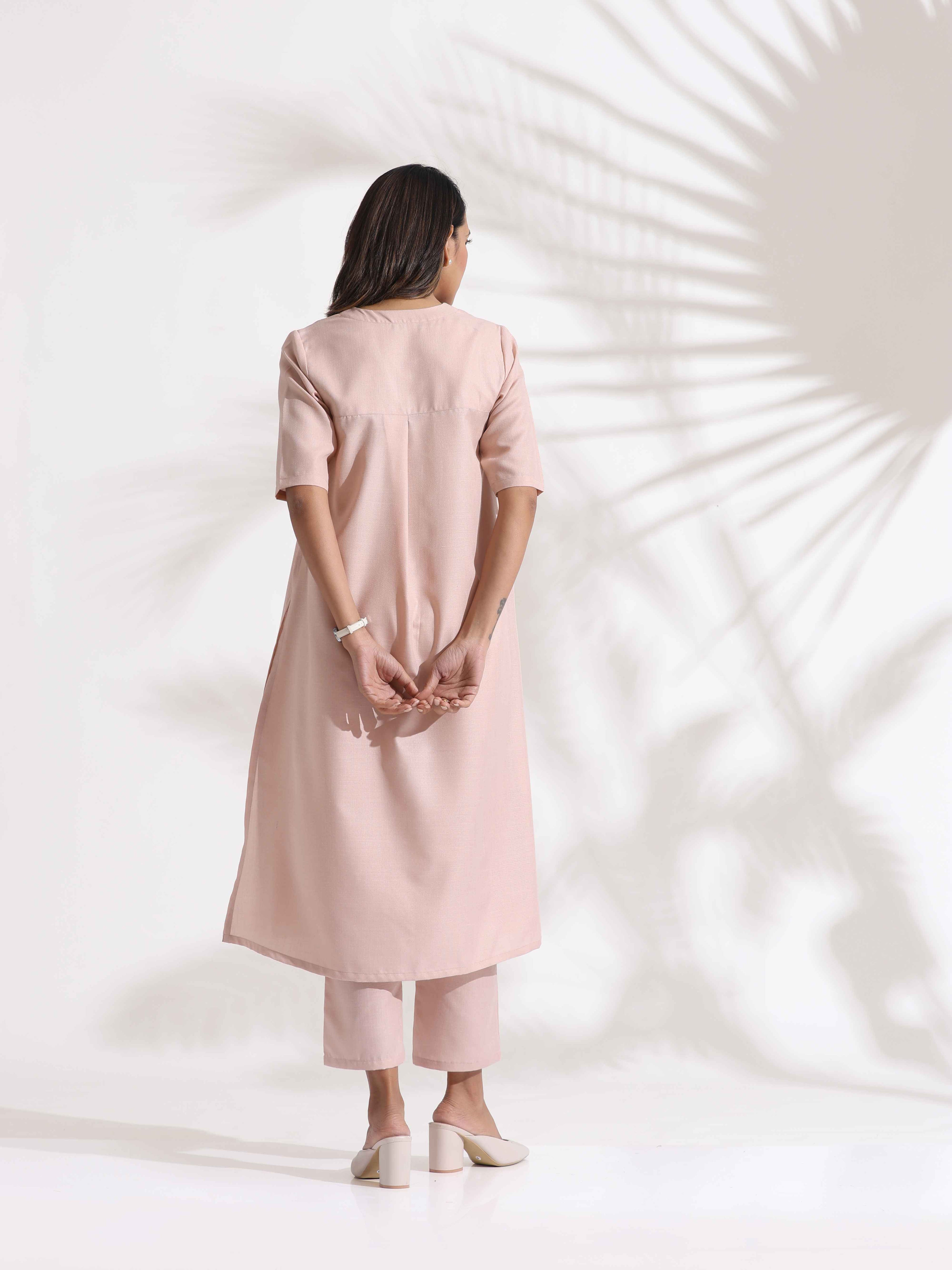 trueBrowns Light Pink Slub Kurta Set
