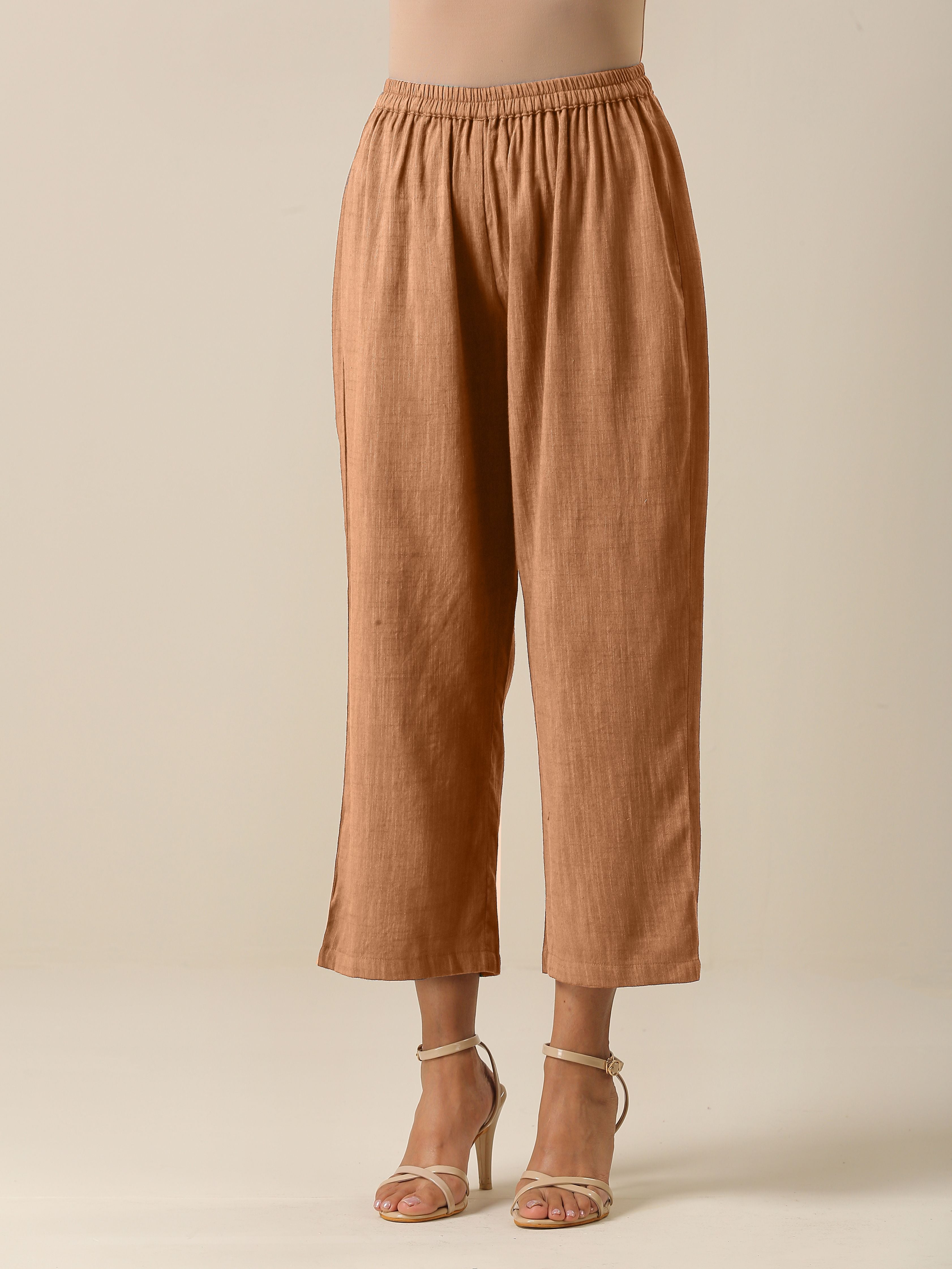 trueBrowns Beige Slub Texture Sleeveless Flared Kurta Pant Set