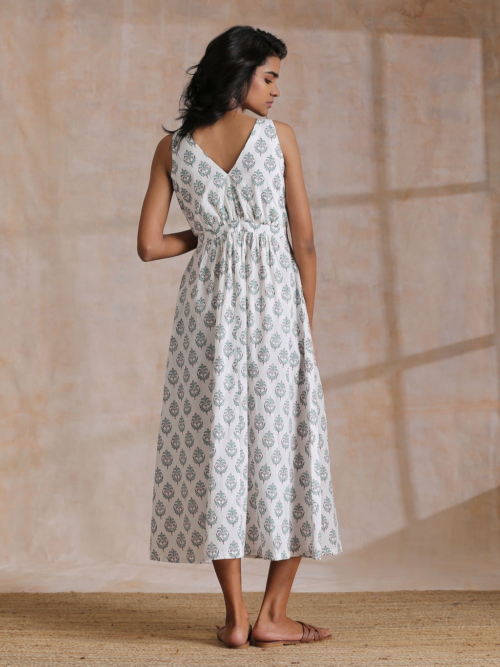 trueBrowns Green Buta On White Block Print Cotton Sleeveless Wrap Dress