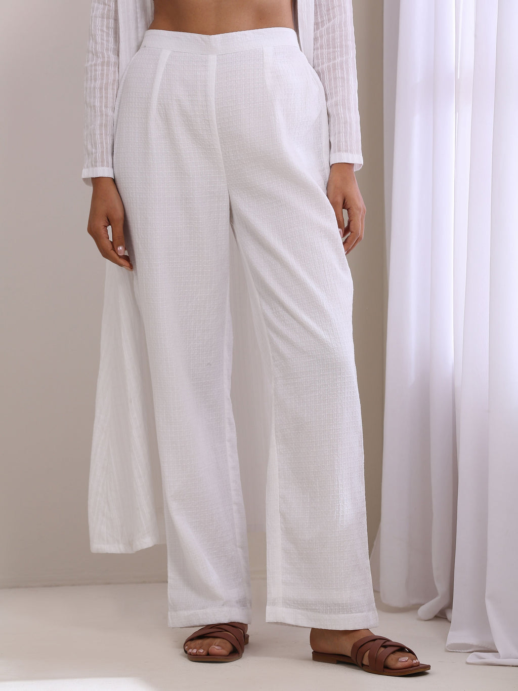 trueBrowns White Dobby Overlay Jacket Blouse Pant Set