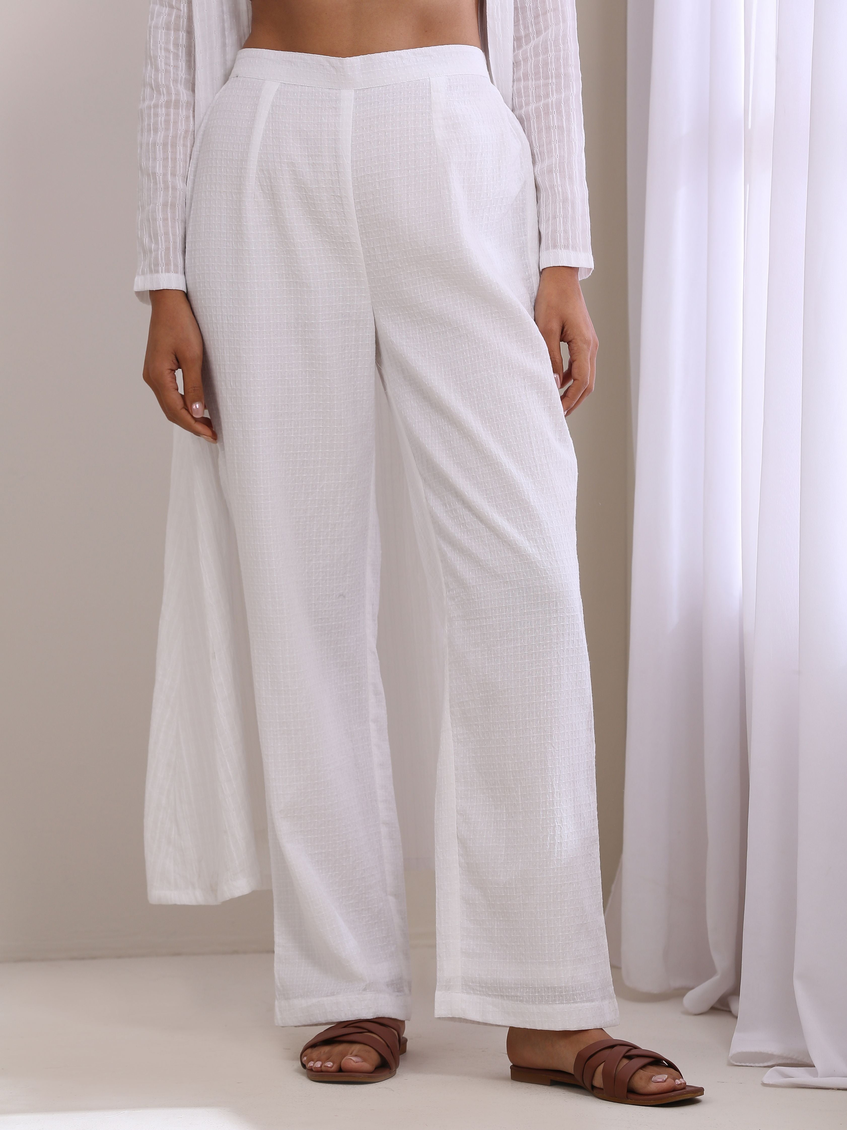 trueBrowns White Dobby Overlay Jacket Blouse Pant Set