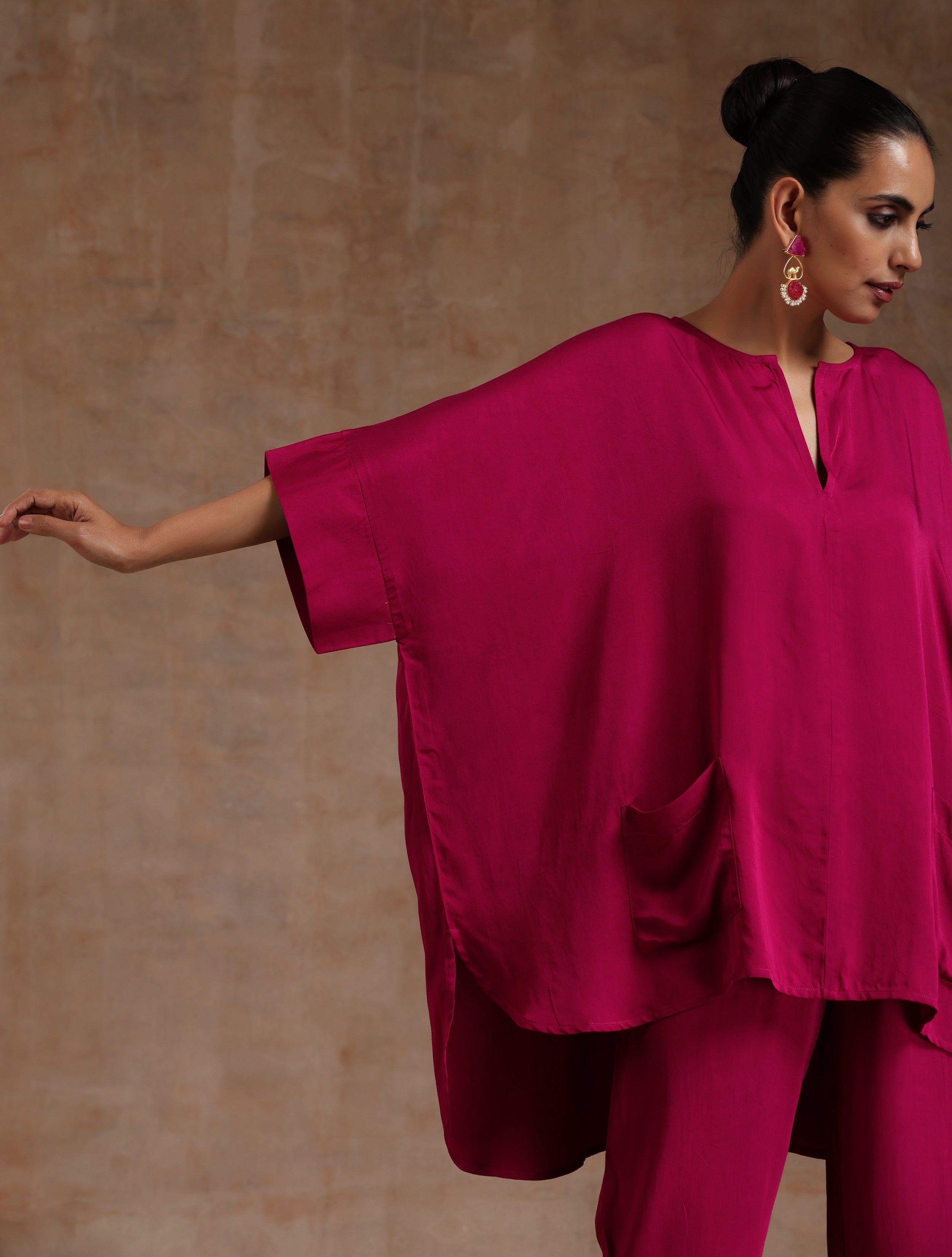 trueBrowns Pink Modal Satin Boxy Fit High-Low Co-Ord Set