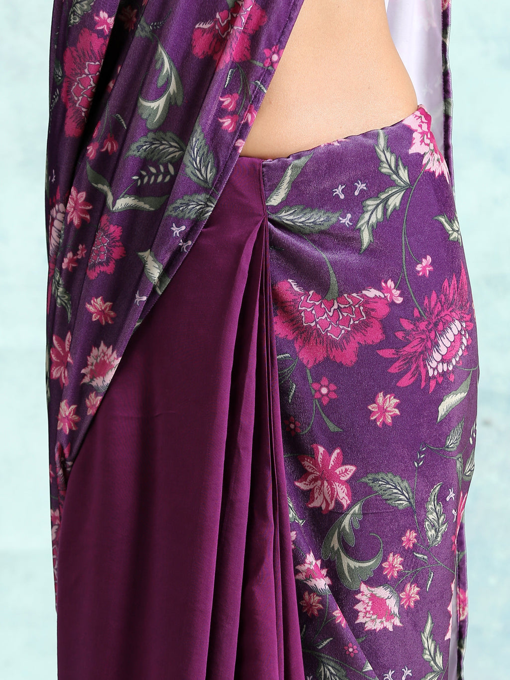 trueBrowns Wine Printed Velvet Ready to Wear Saree