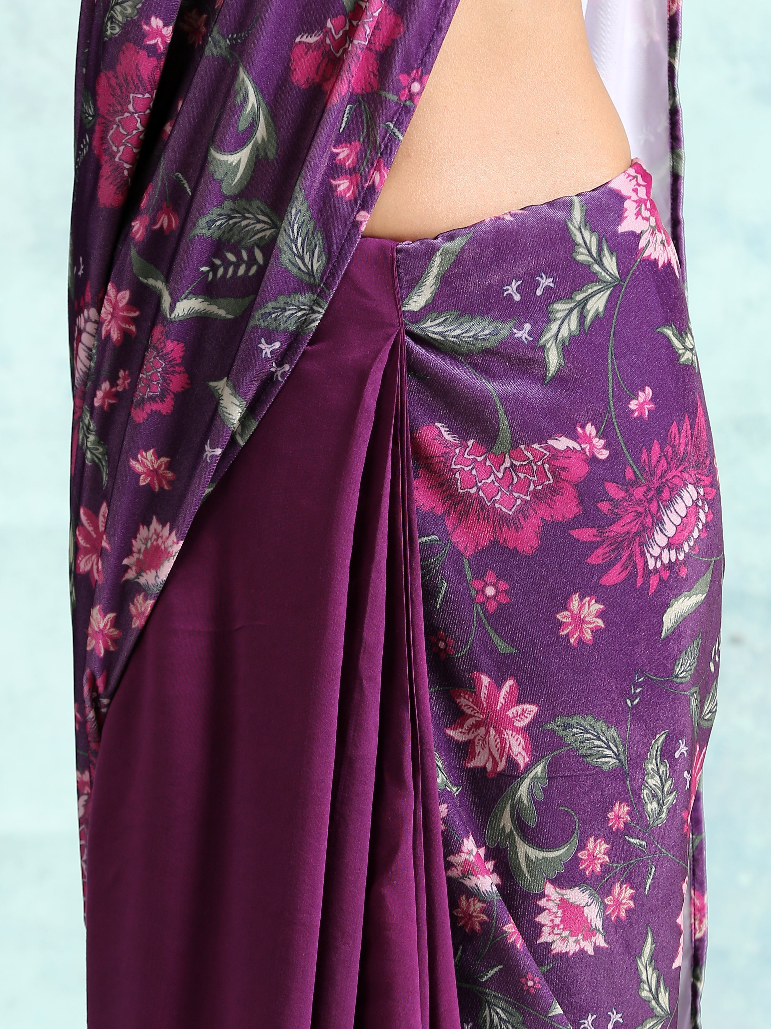 trueBrowns Wine Printed Velvet Ready to Wear Saree