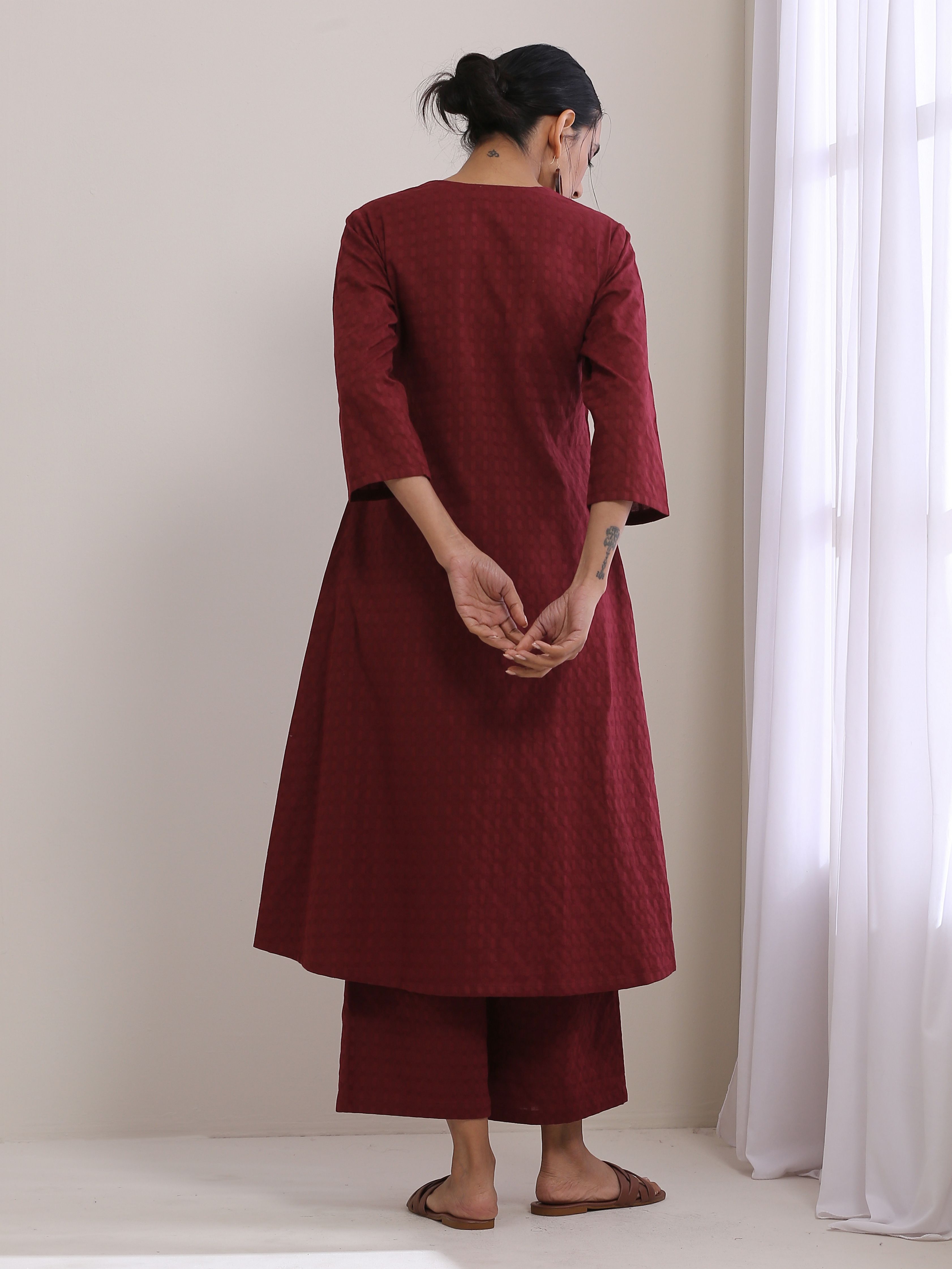 trueBrowns Ruby Wine Dobby Angrakha Pant Set