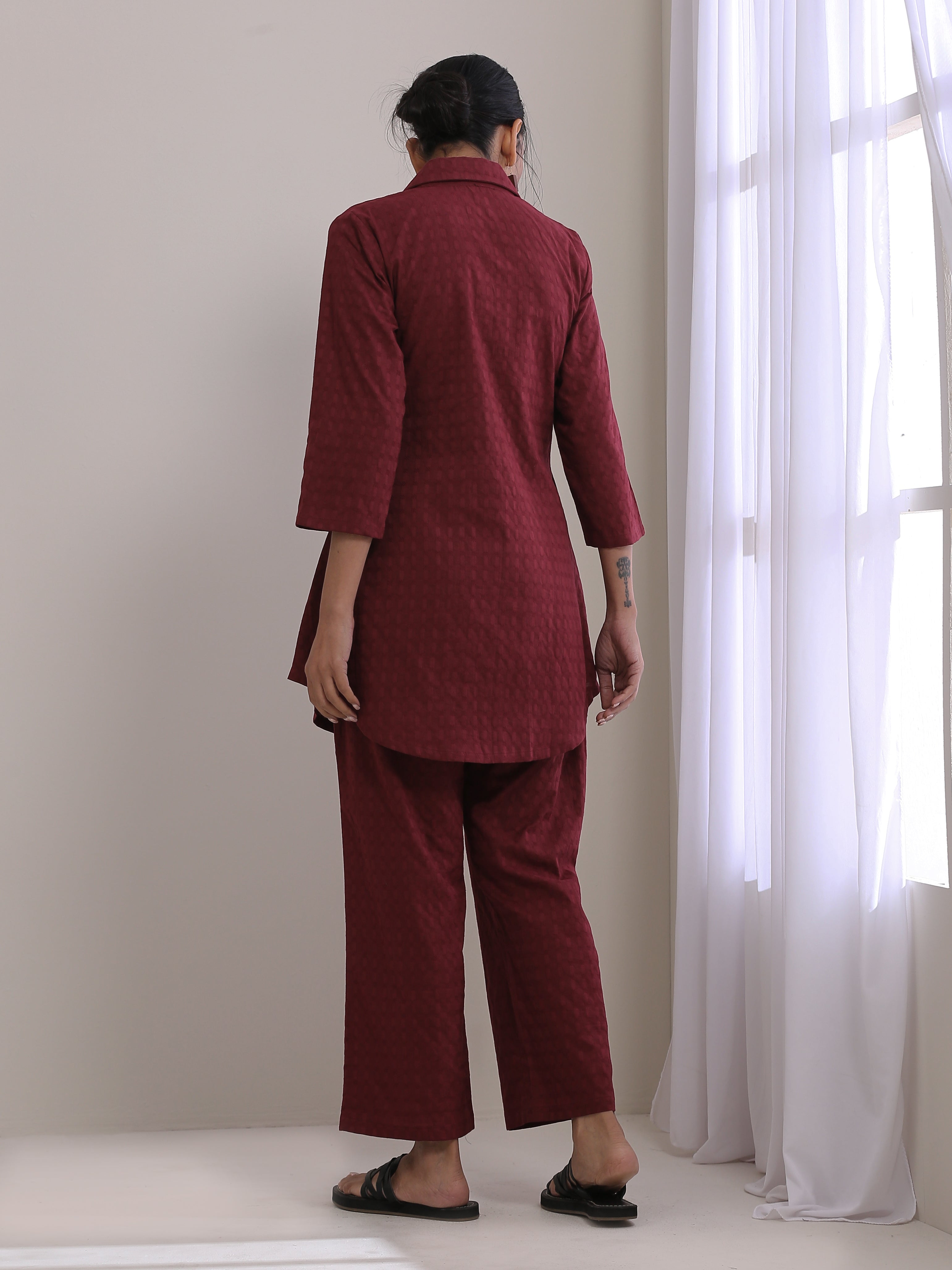 trueBrowns Ruby Wine Dobby Collar Short Co-Ord Set
