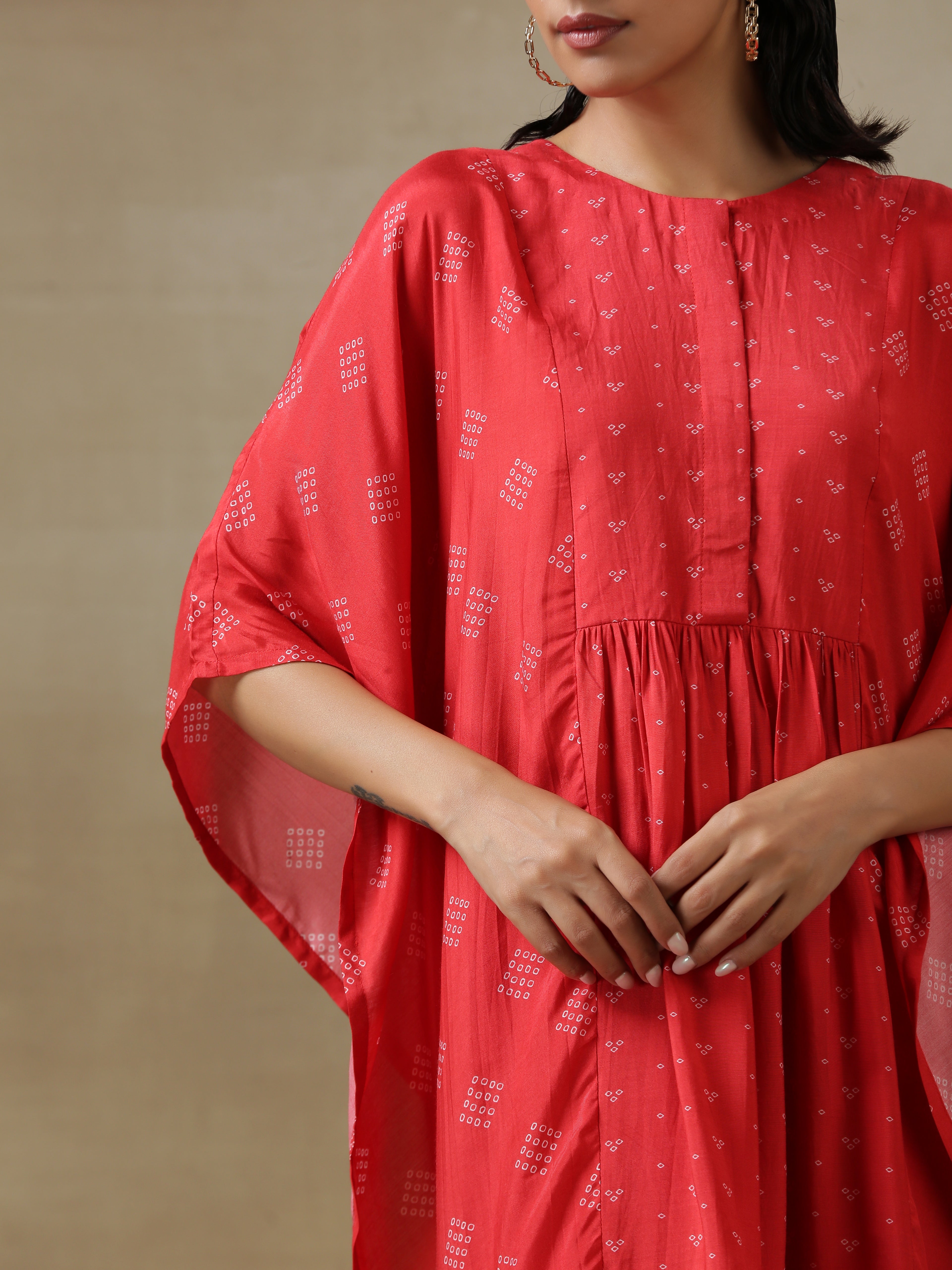 trueBrowns Red Bandhani Printed Silk Kaftan Gathered Co-Ord Set