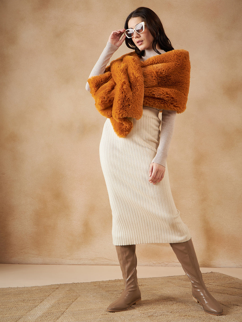 InWeave Women's Carrot Orange Long Faux Fur Cape