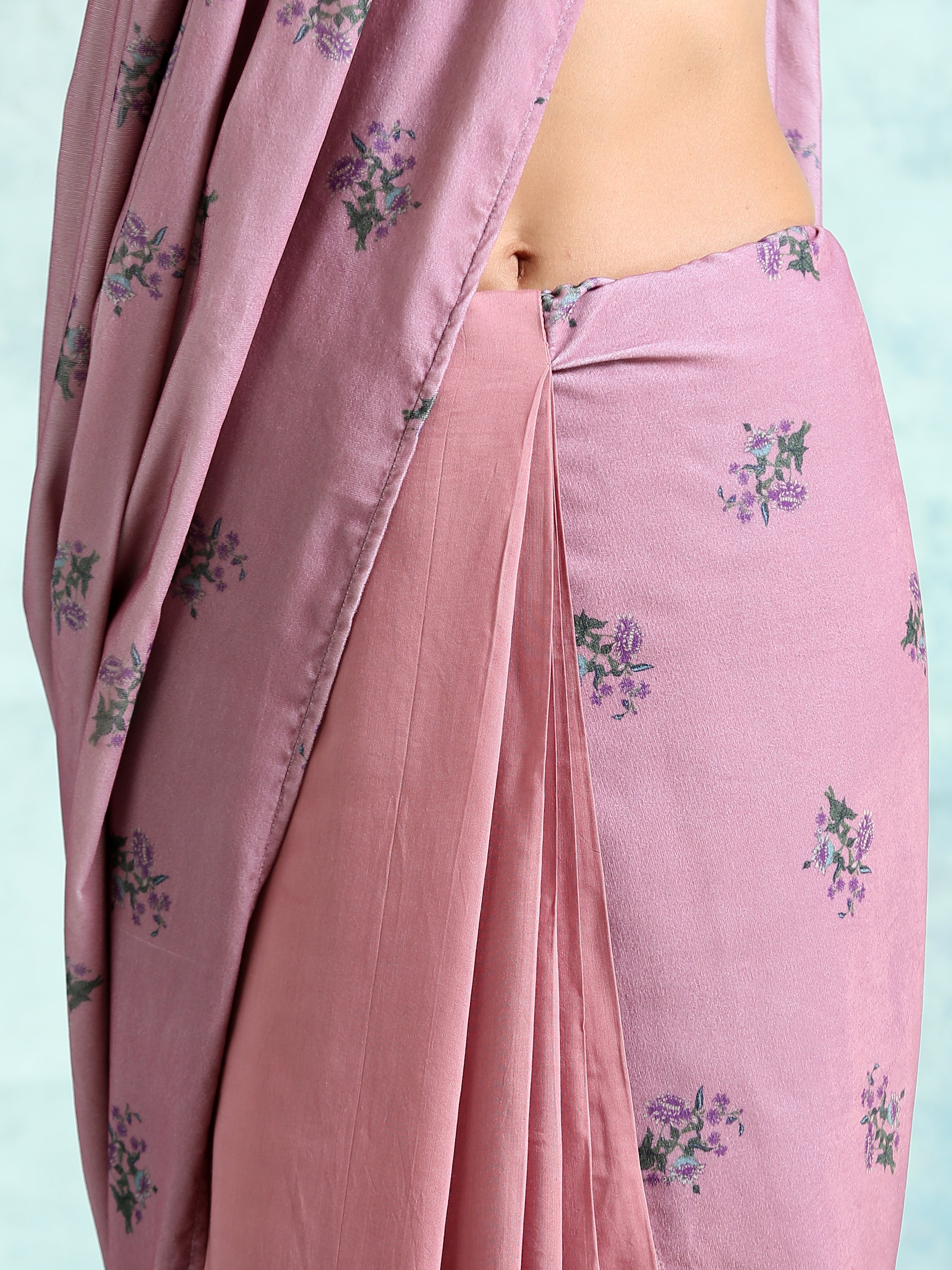trueBrowns Light Mauve Printed Velvet Ready to Wear Saree