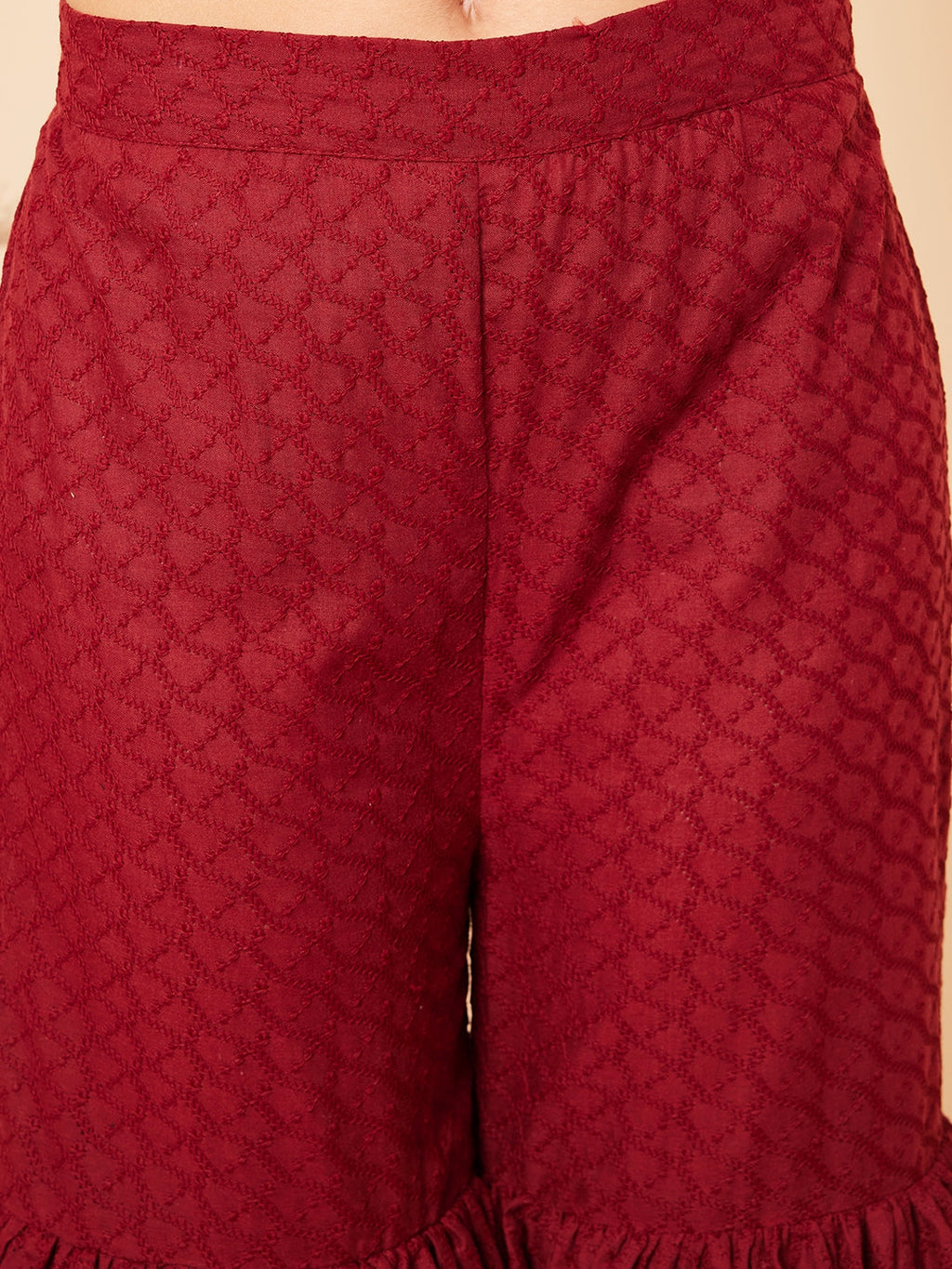InWeave Women's Carmine Maroon Lace Work Double Layer Sharara Set