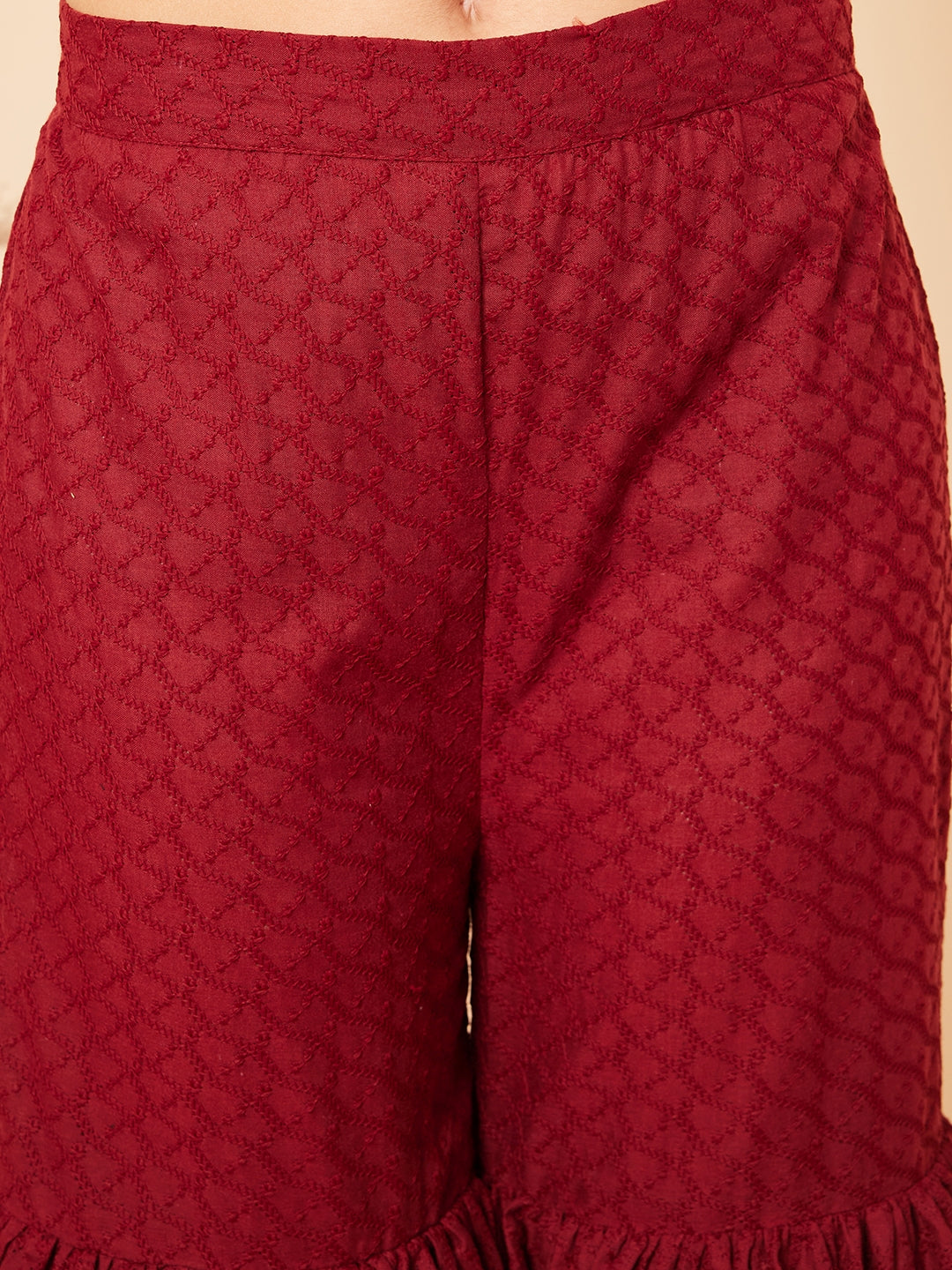 InWeave Women's Carmine Maroon Lace Work Double Layer Sharara Set