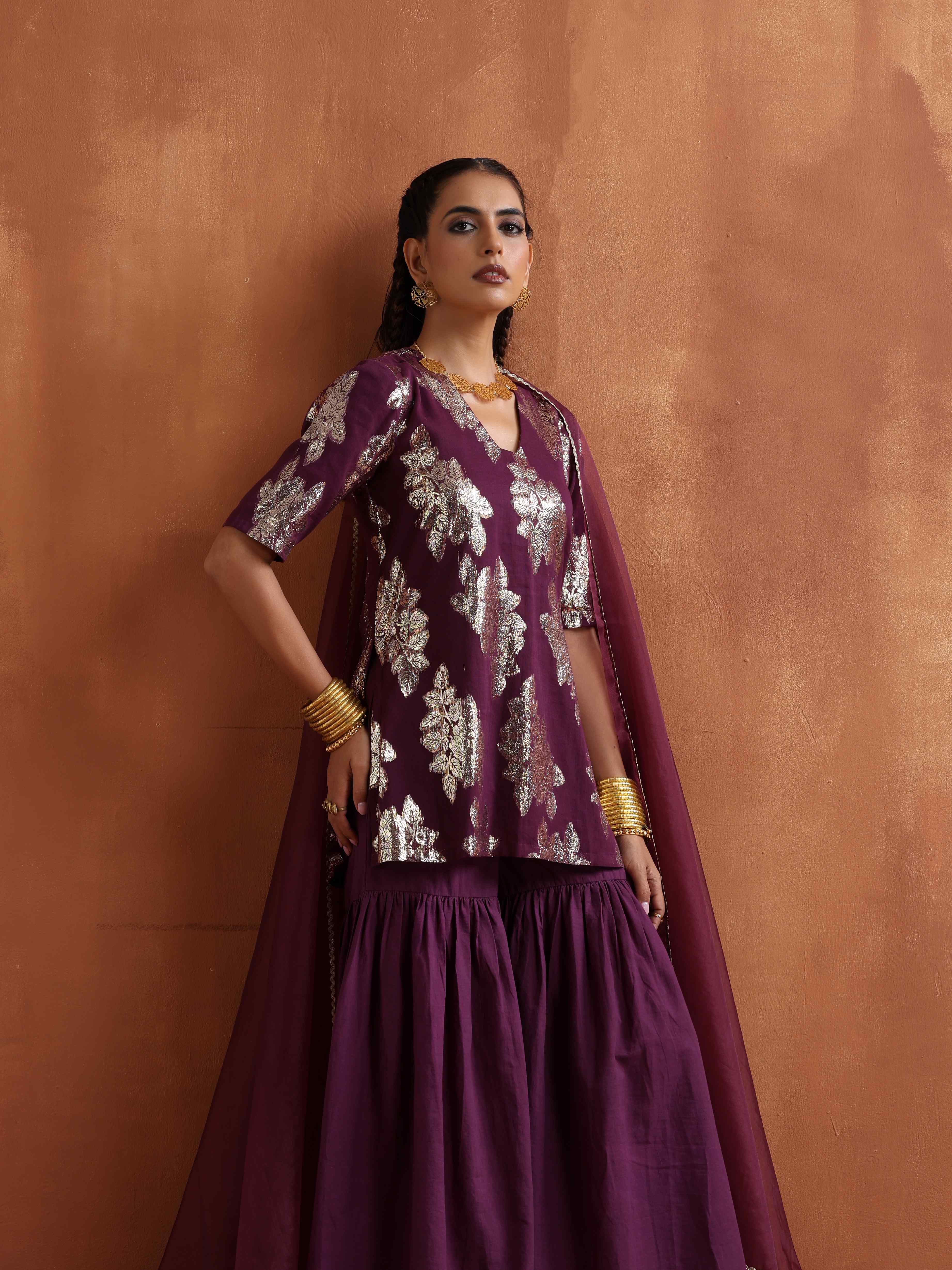 trueBrowns Purple Metallic Sharara Dupatta Set