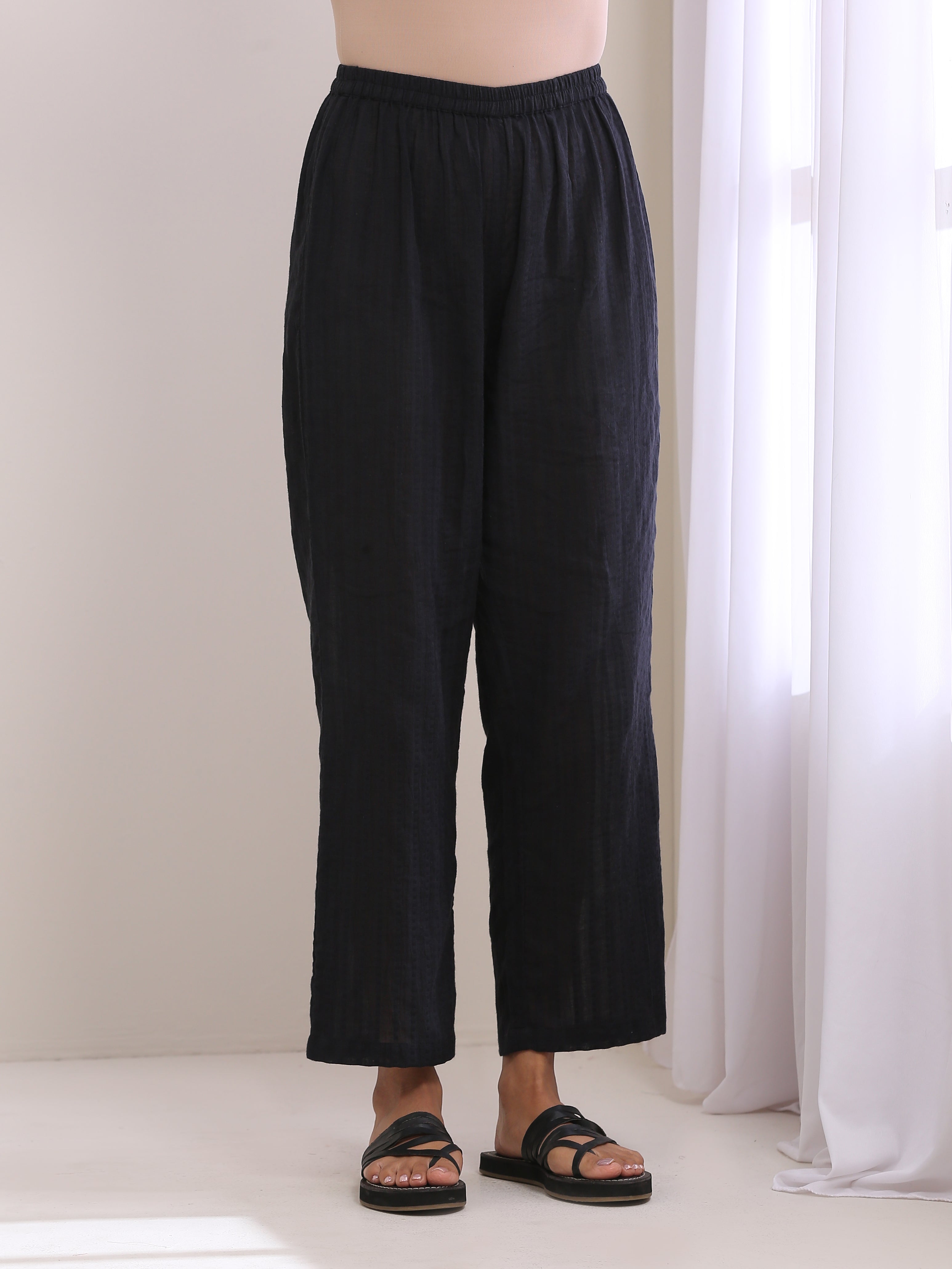 trueBrowns Black Dobby Neck Pleat Kurta Pant Set