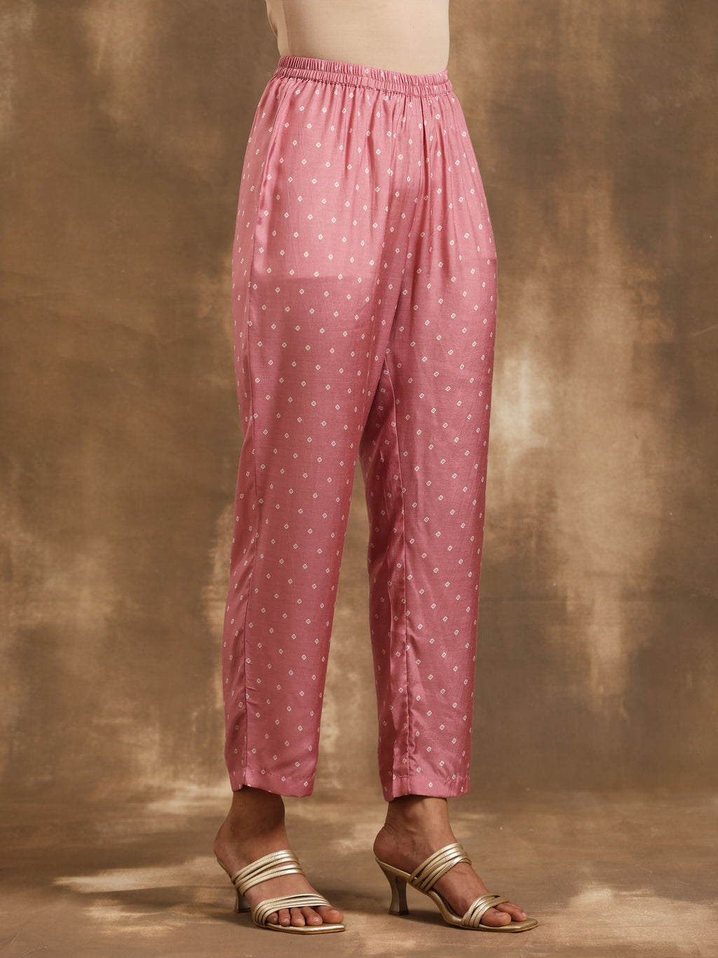 trueBrowns Light Mauve Bandhani Printed Silk Kurta Pant Set