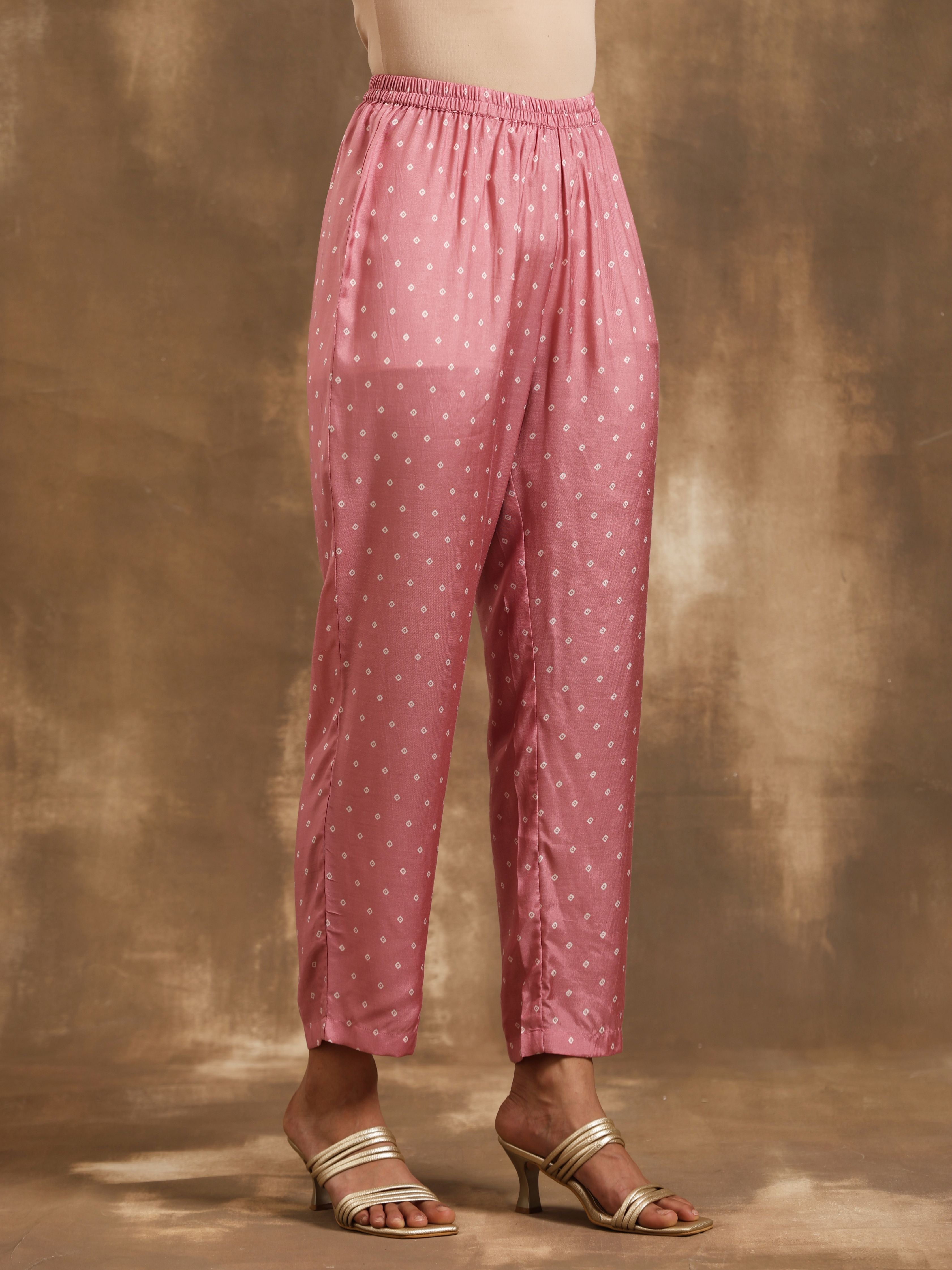 trueBrowns Light Mauve Bandhani Printed Silk Kurta Pant Set