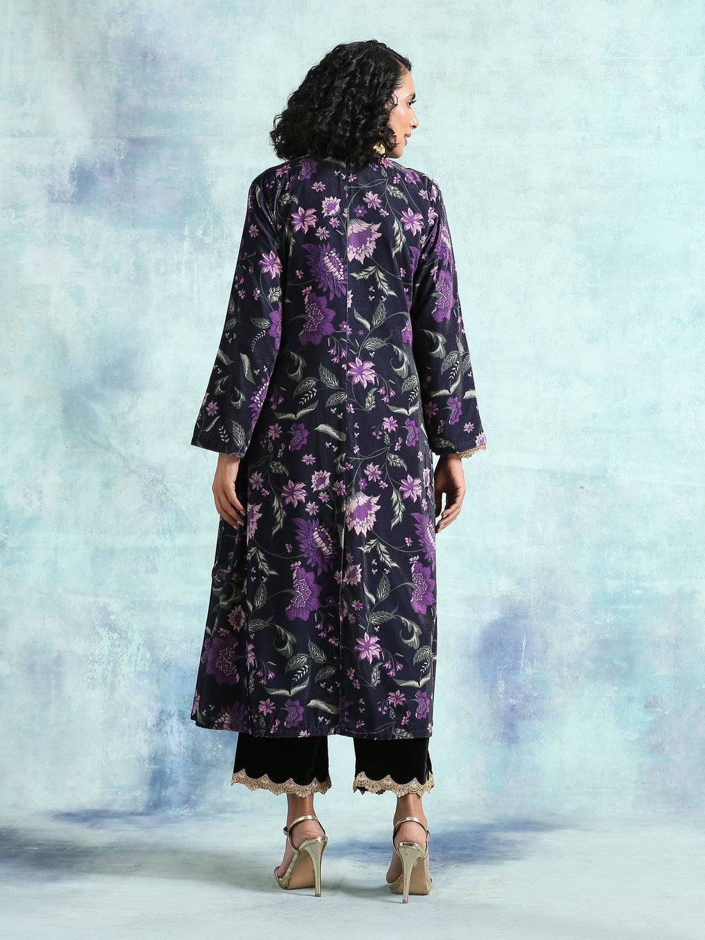 trueBrowns Black Printed Velvet Angrakha Jacket