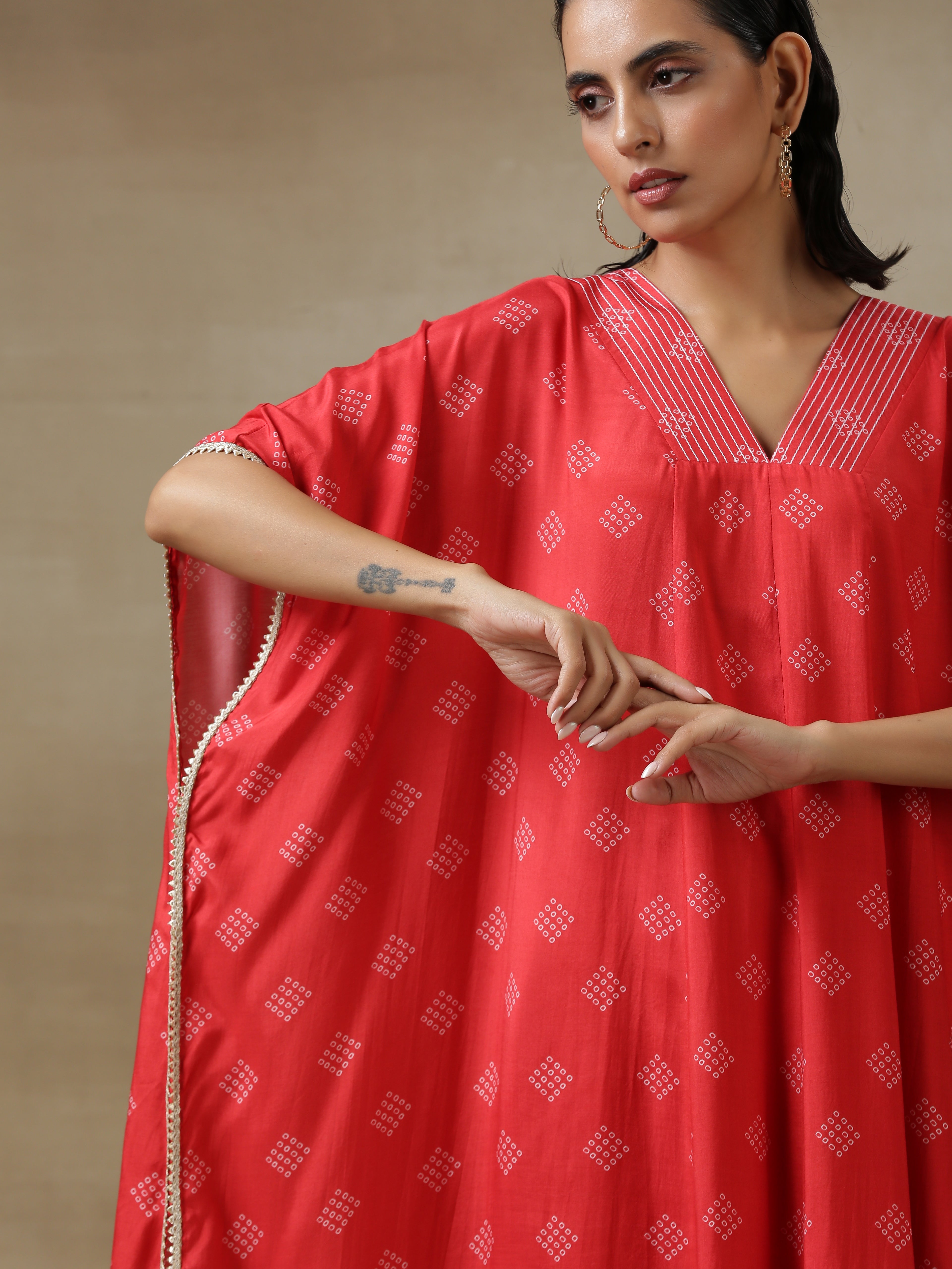 trueBrowns Red Bandhani Printed Silk Panel Kaftan Kurta Pant Set
