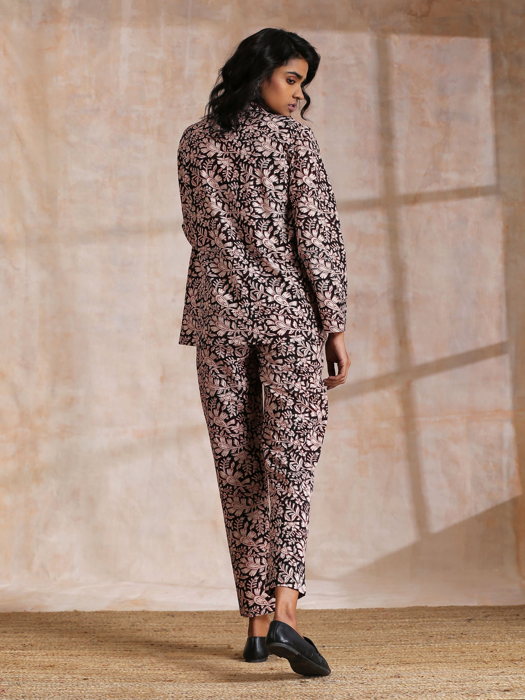 trueBrowns Black Floral Overall Bagru Print Cotton Pant Suit Set