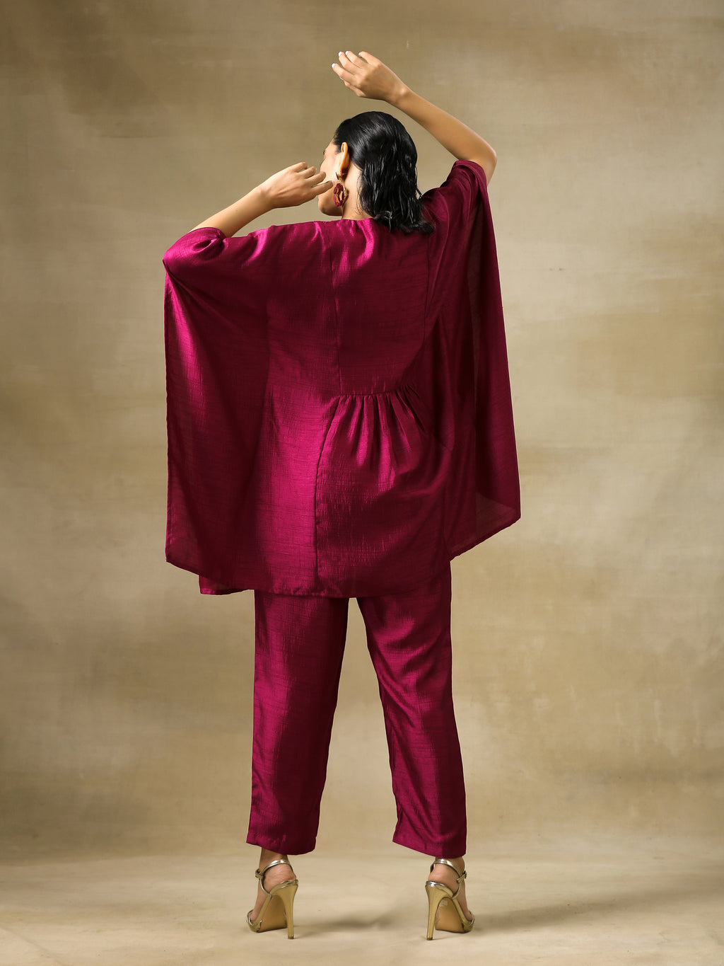 trueBrowns Purple Textured Silk Gathered Kaftan Co-Ord Set