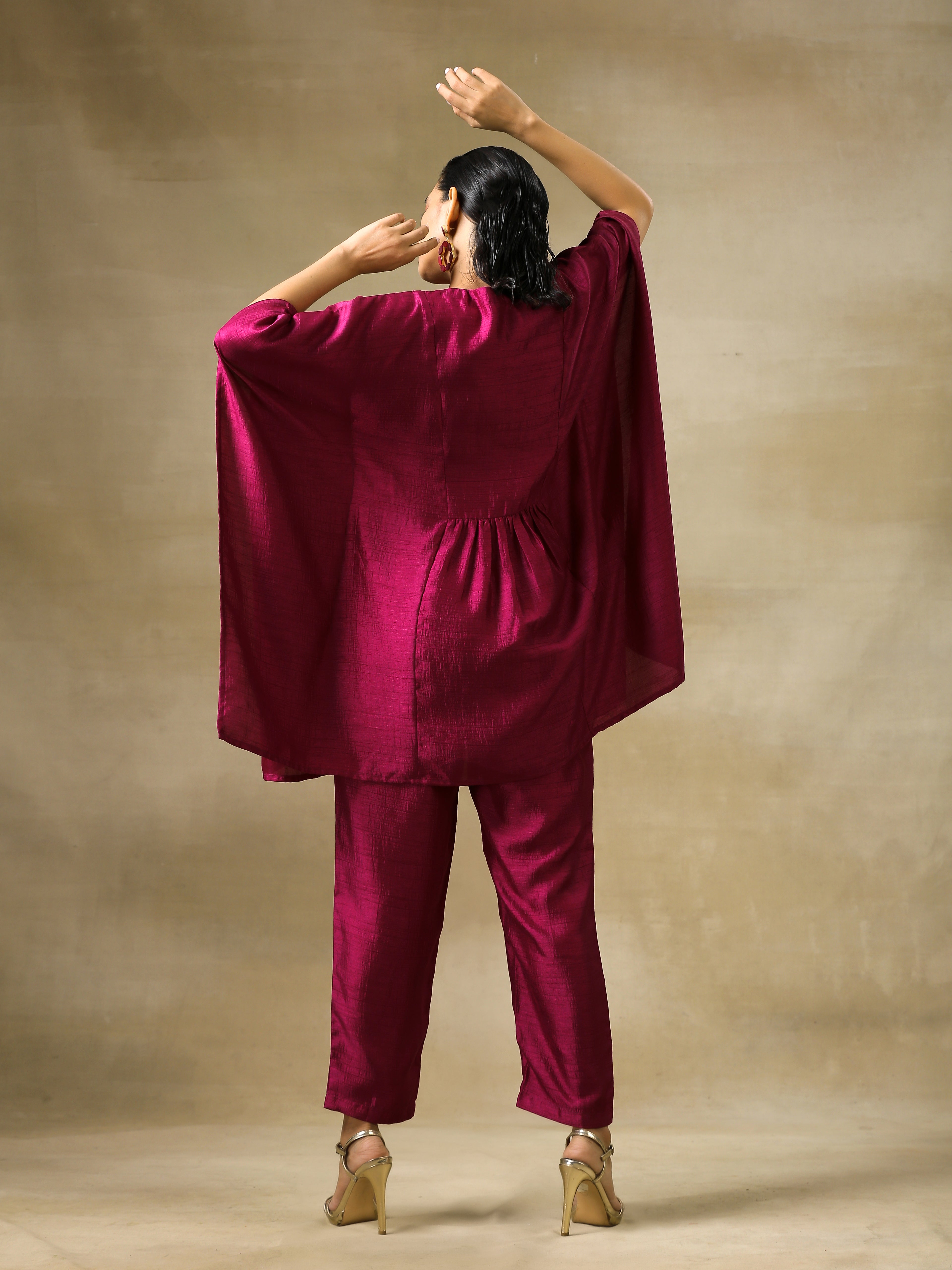 trueBrowns Purple Textured Silk Gathered Kaftan Co-Ord Set