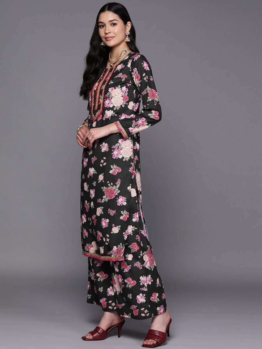 Ahalyaa Women Black Floral Printed Gotta Patti Kurta with Palazzos & With Dupatta