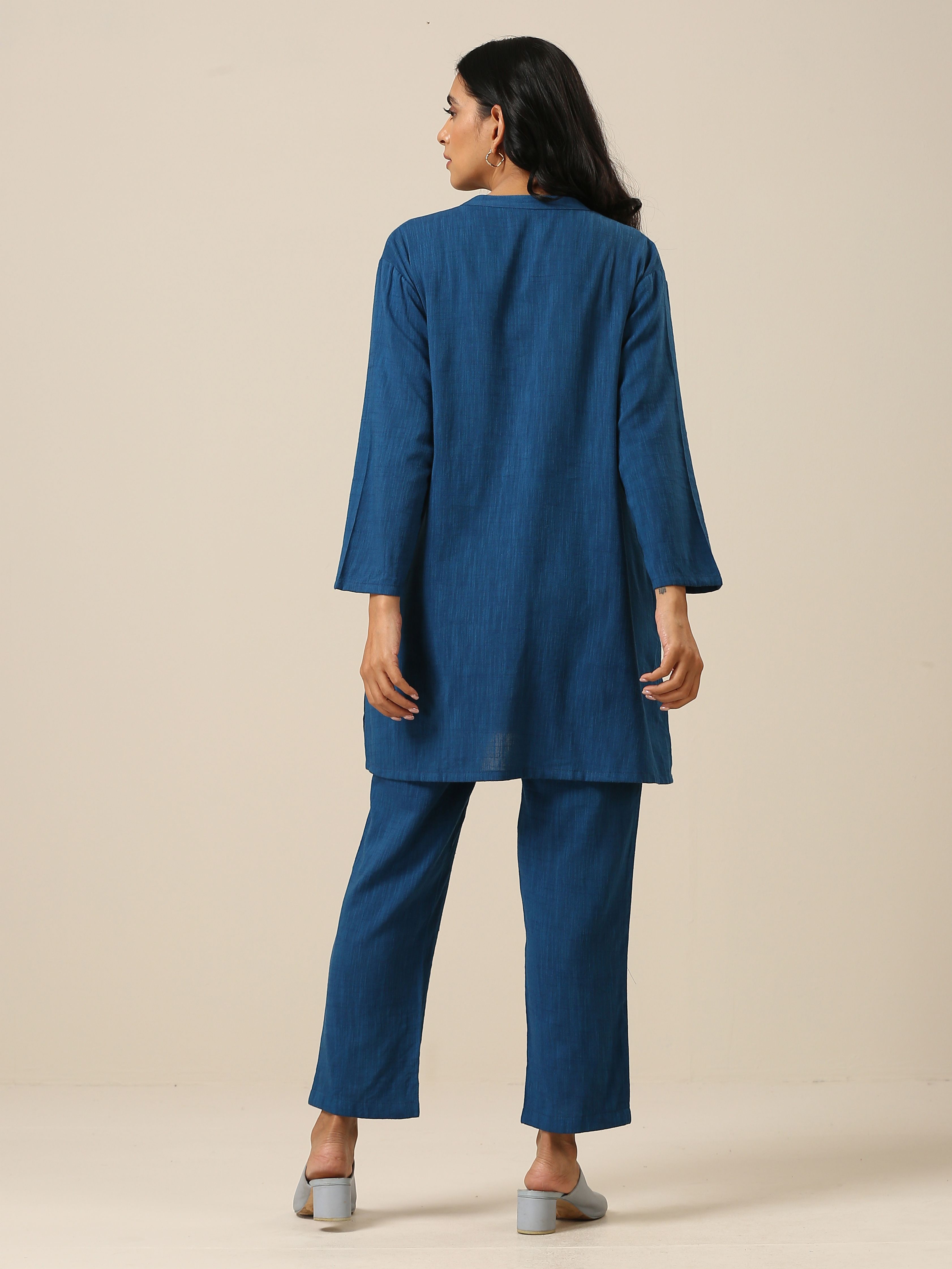 trueBrowns Classic Blue Slub Texture Relax Fit Co-Ord Set