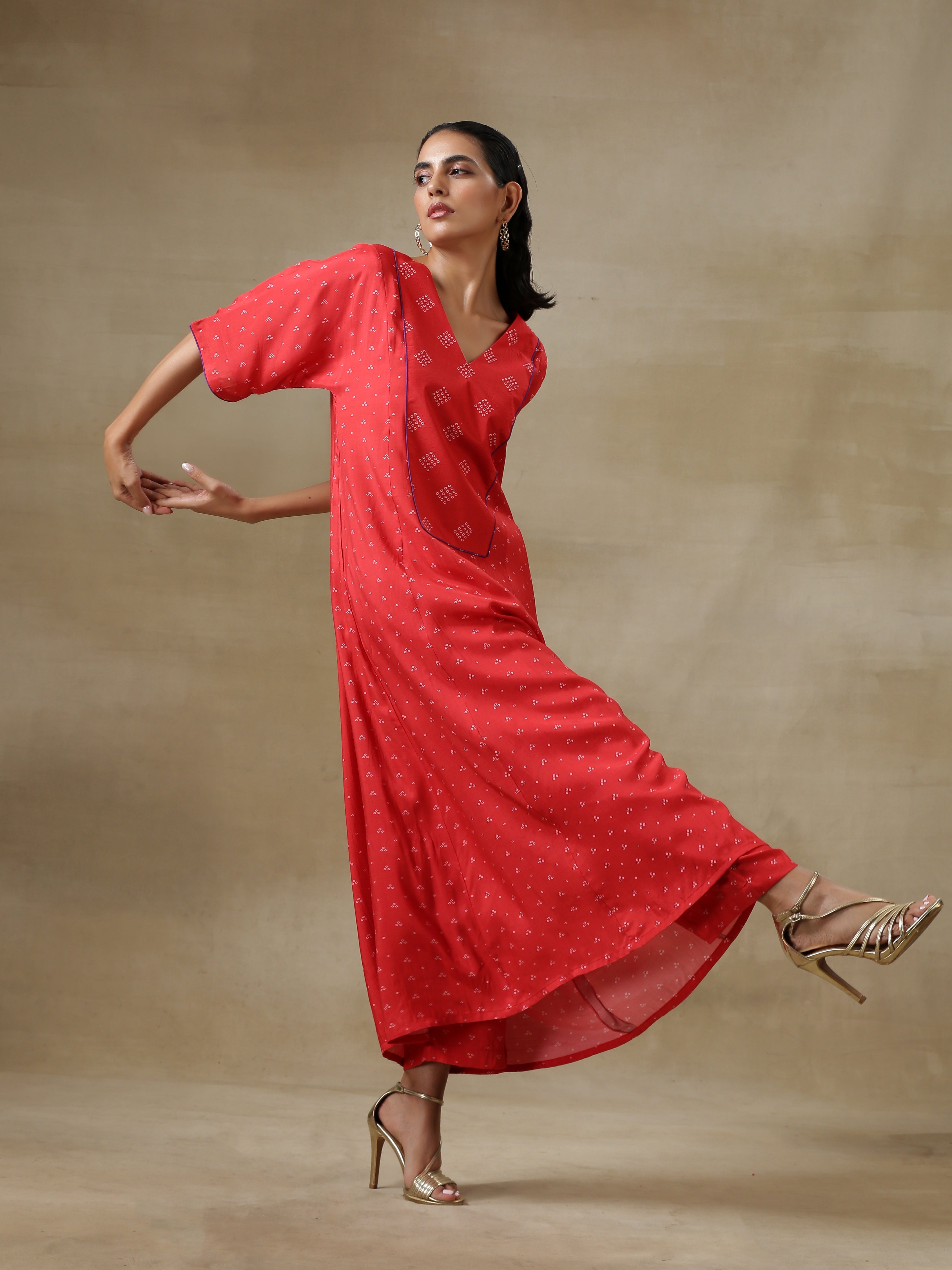 trueBrowns Red Bandhani Printed Silk Long Kurta Pant Set